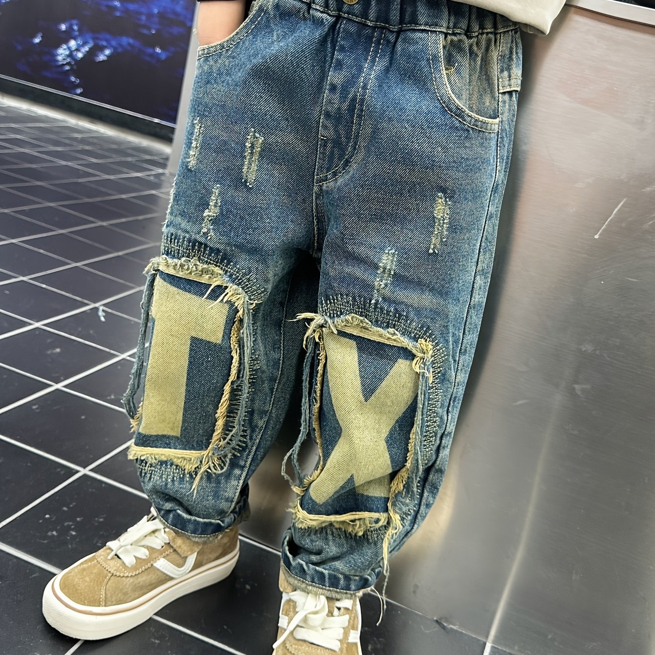 Boys' Mid-size Fall Regular Graffiti Distressed Jeans Long Pants
