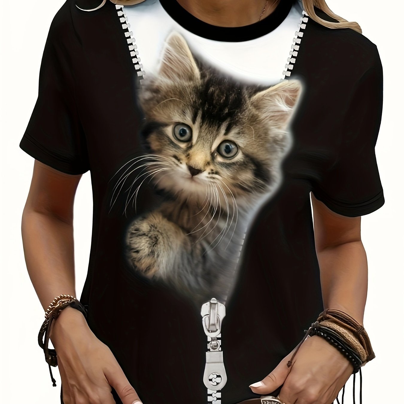 TEMU Pocket Cat Print T-shirt For Women, Sweet And With A Girly Feel, Versatile Daily Casual Top, Zipper With Cute Cat Print, Fun Visual Vibe,