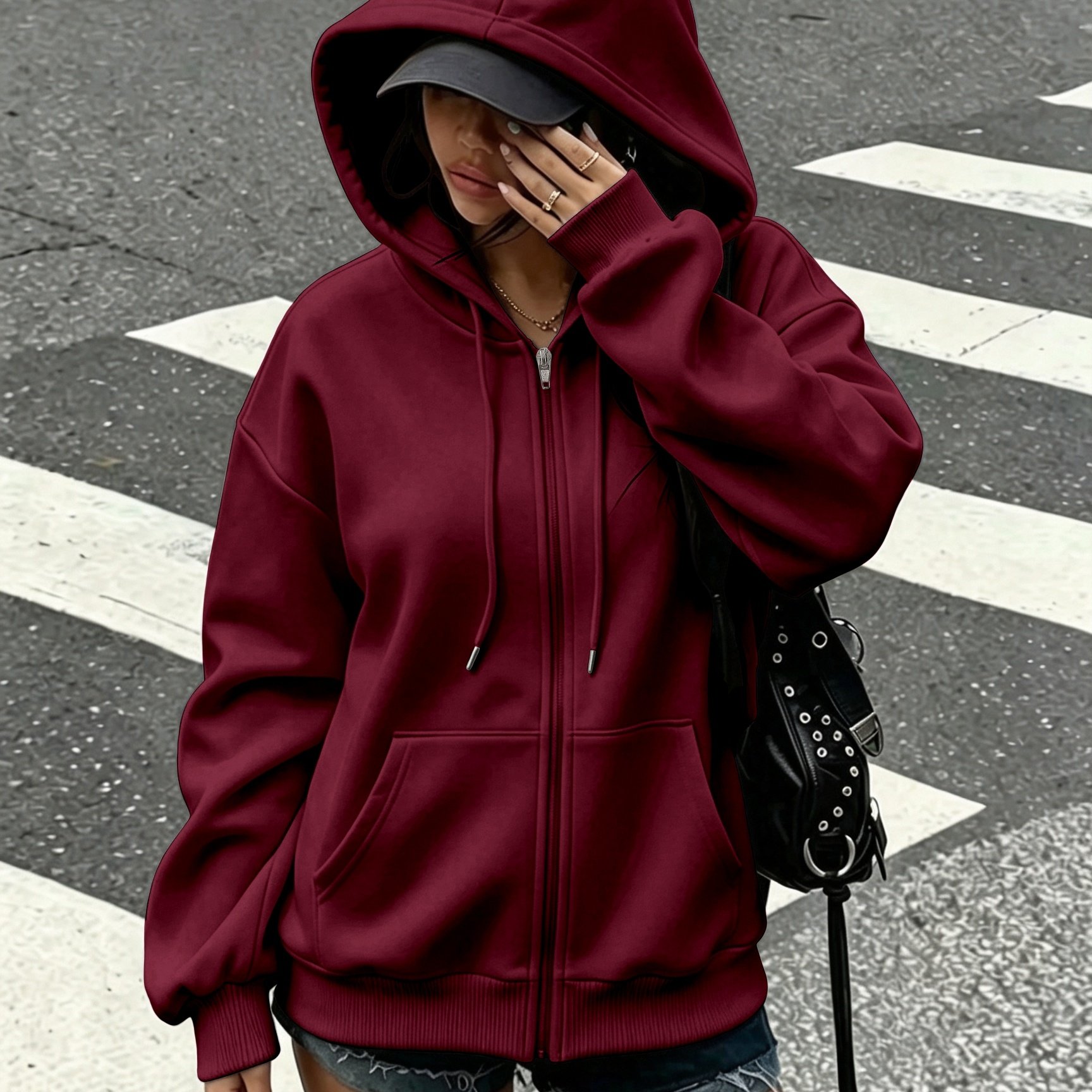 TEMU Sudadera con capucha y cremallera de estilo , color liso, con cordón, forro polar para otoño e invierno, bolsillo tipo , holgada, versátil, de