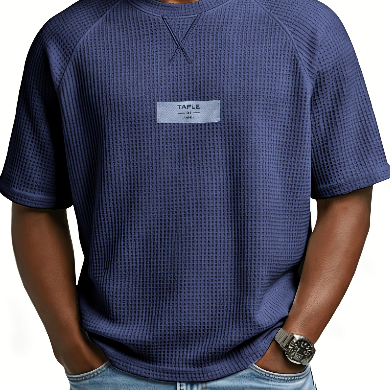 TEMU Men's Waffle Knit Raglan Sleeve T-shirt - Loose Fit Short Sleeve Crew Neck Summer Top With Waffle Texture, Solid Color Casual & Athletic Wear