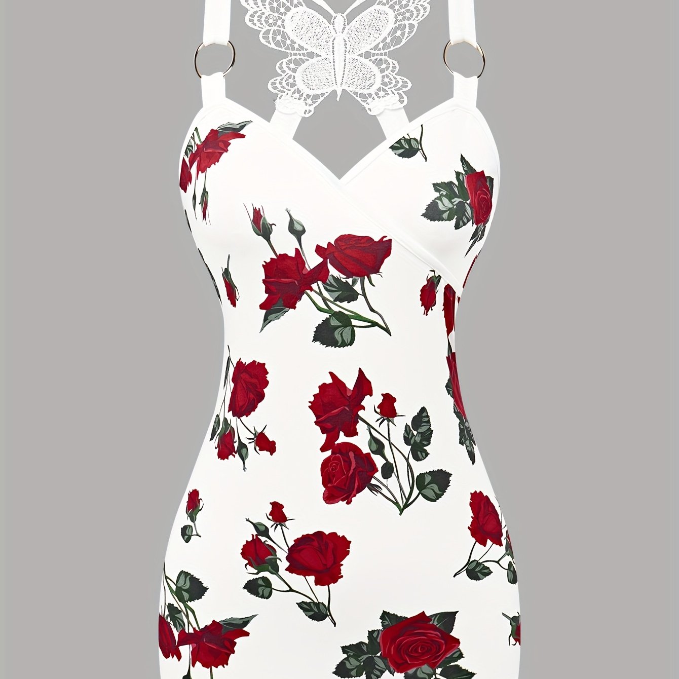 Image of Applique Floral Print Tank Top, Stylish Surplice Neck Backless Slim Fit O-ring Detail Top For , Women's Clothing