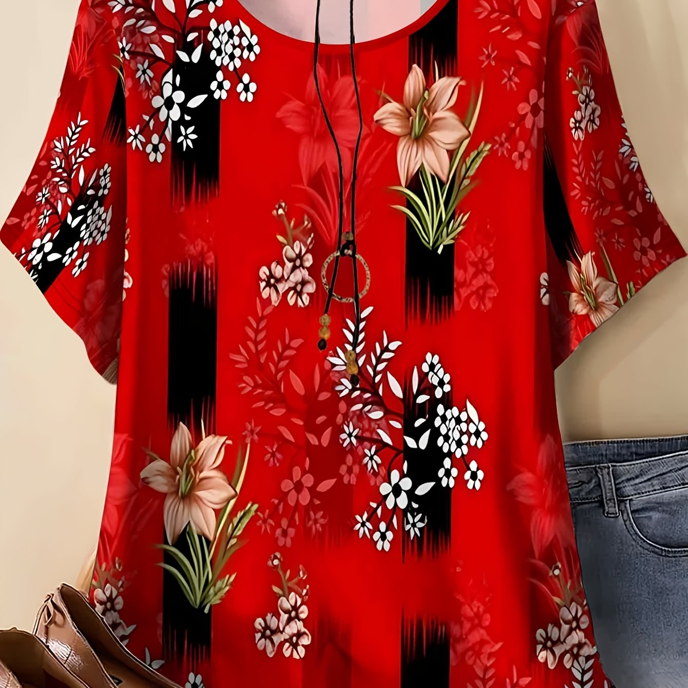TEMU Plus Size Women's Red Printed Loose , Women's Short Sleeve T-shirt, Summer Fashion Casual Wear, Suitable For Daily Outfits, Comfortable And