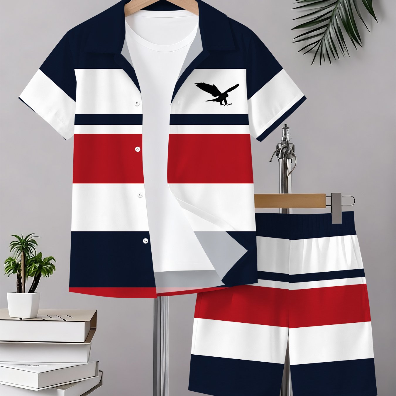TEMU Boys' Shirt Set(2pcs), Made Of Soft Knitted Fabric, Features A With Stripes And Eagle Accents, Including Short-sleeve Shirt And Shorts. A For