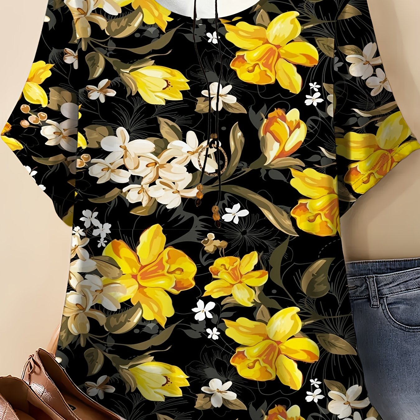 TEMU Women's Plus Size Vintage With Yellow & White -over Full-body Floral Print - Round Neck Short Sleeve Blouse For - Casual & Dressy Outfits -