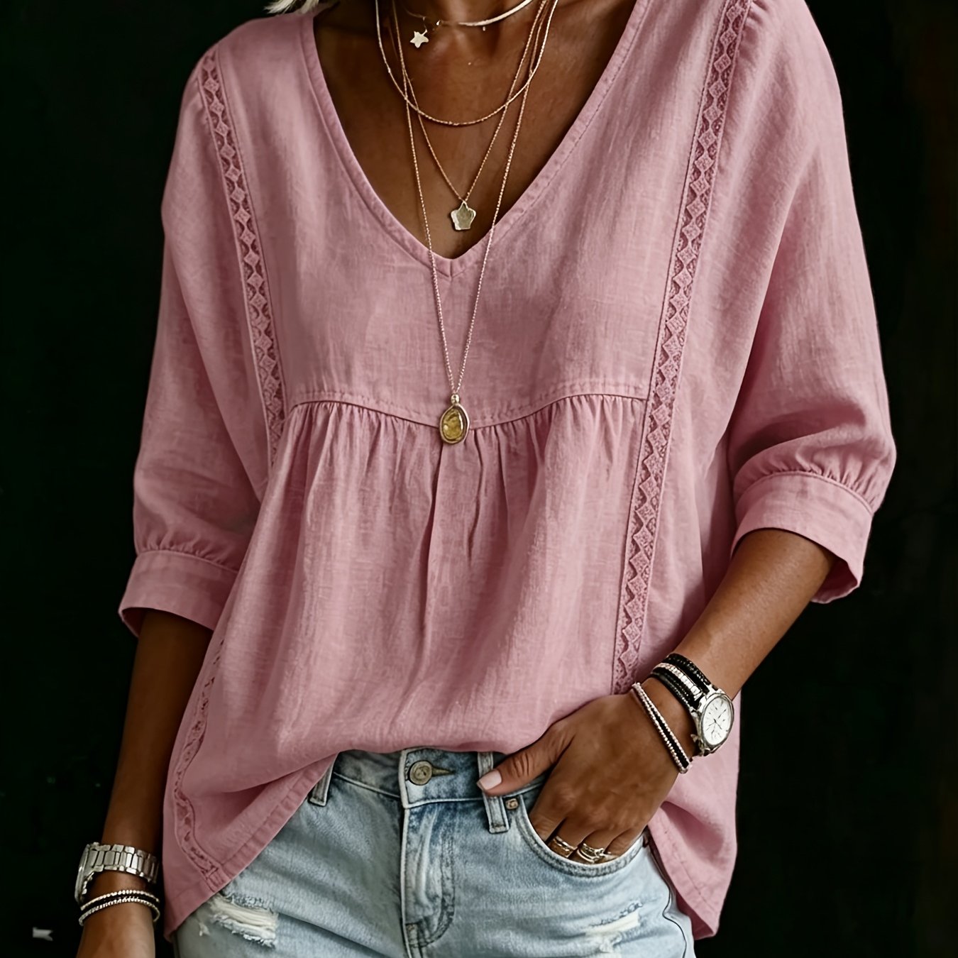 TEMU New Women's Lace V-neck Pullover Solid Color Casual 3/4 Sleeve Top Blouse