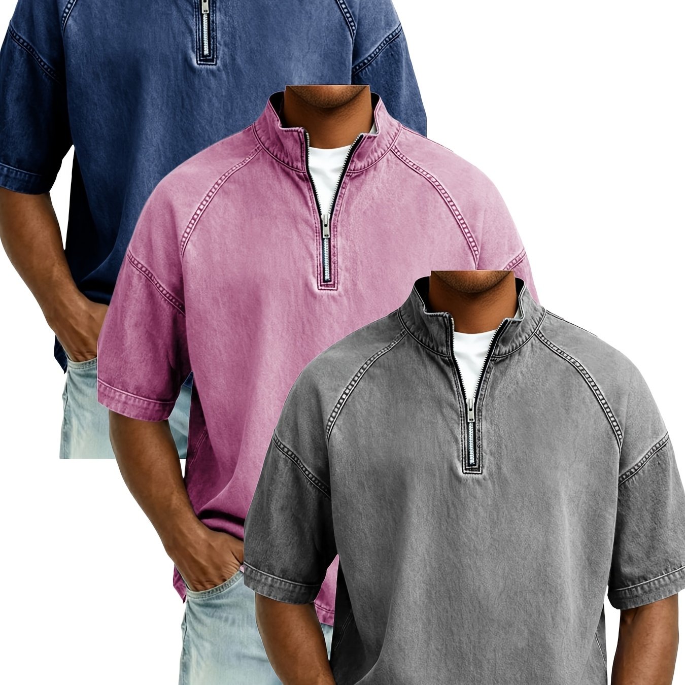 Image of 3pcs Plus Size Men's Half Zip T-shirt 3set Stand Collar Faux Denim Short Sleeve T-shirt, Casual Loose Washed Jean Tops Tee L-5xl Vintage Zipper Tshirts For Streetwear And Outfits Big Size
