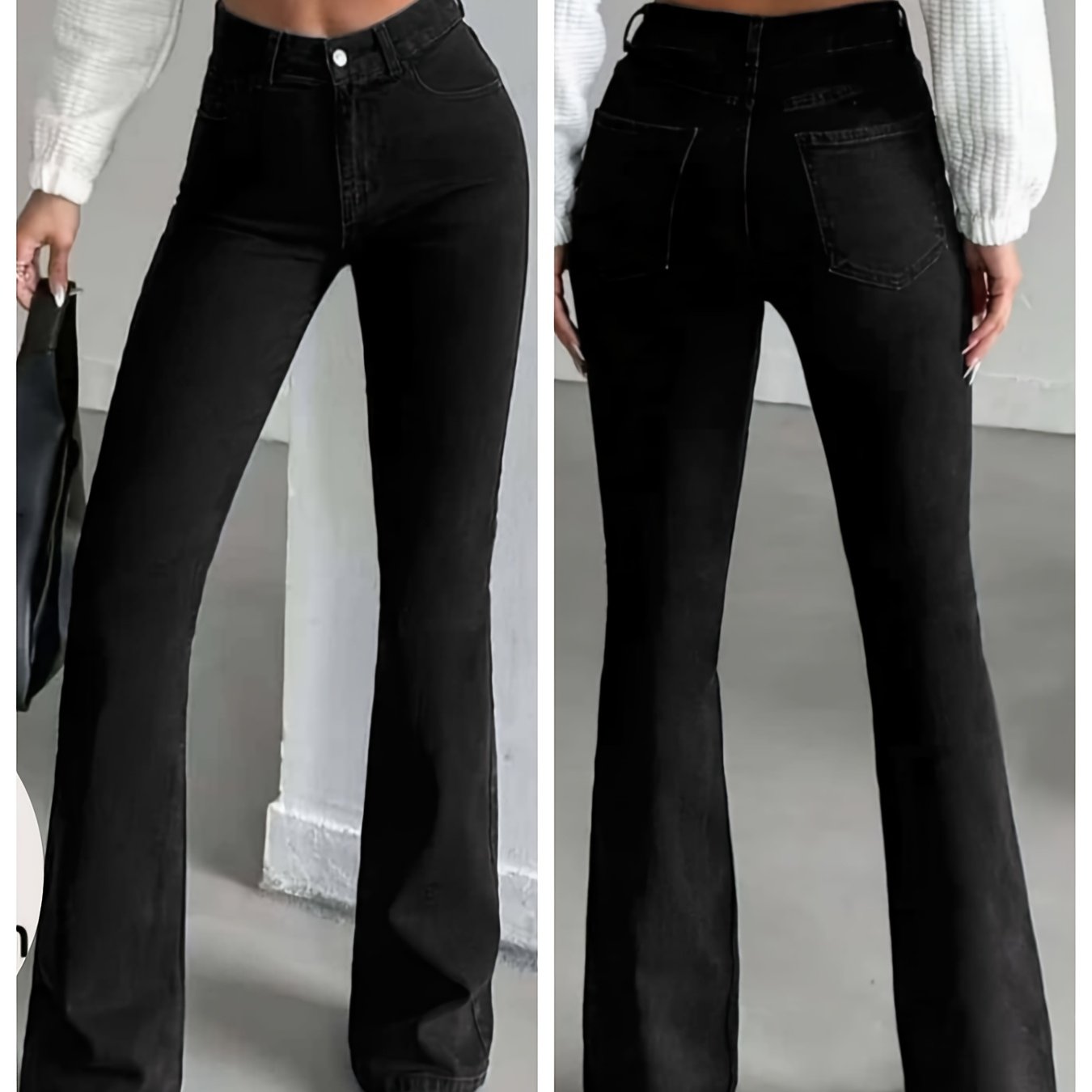 Women's High-waisted Stretch Bell-bottom Jeans Pants - Wide-leg Washed Black, Elegant Casual Trousers With Beltless Design (no Included), Machine Washable For Jeans/ Length Outfits