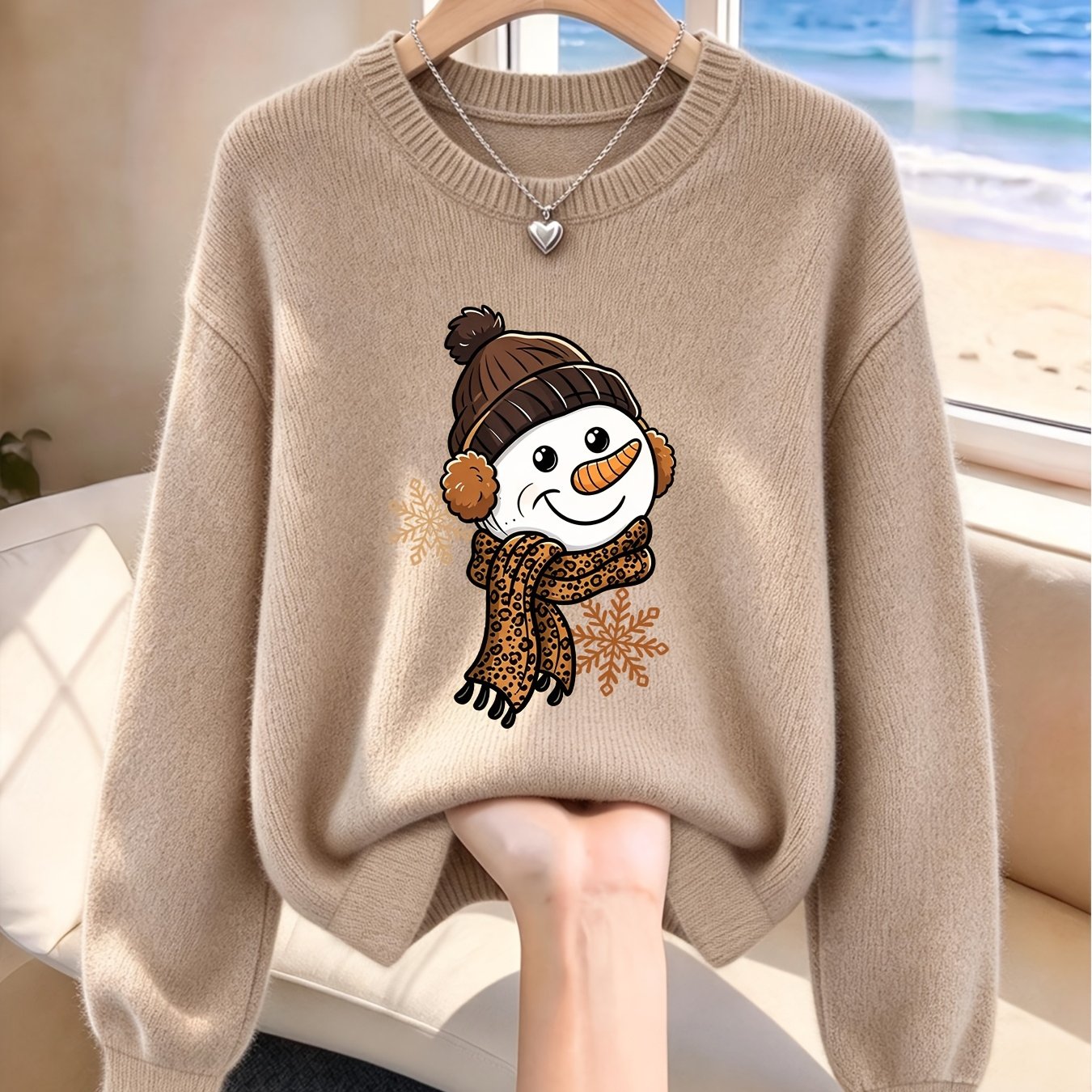 TEMU Autumn Winter New Women's Round Neck Pullover Sweater, Christmas Winter Leopard Snowman Print, Soft And Comfortable, Casual, Suitable For Daily