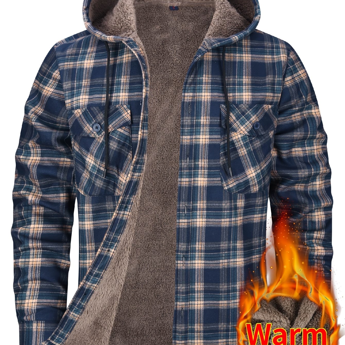 TEMU Men's Casual Workwear Style Thickened Long Plush Hooded Shirt Jacket With Autumn/winter Warm Lamb's Lining, Drawstring Hood, Long Sleeves, And