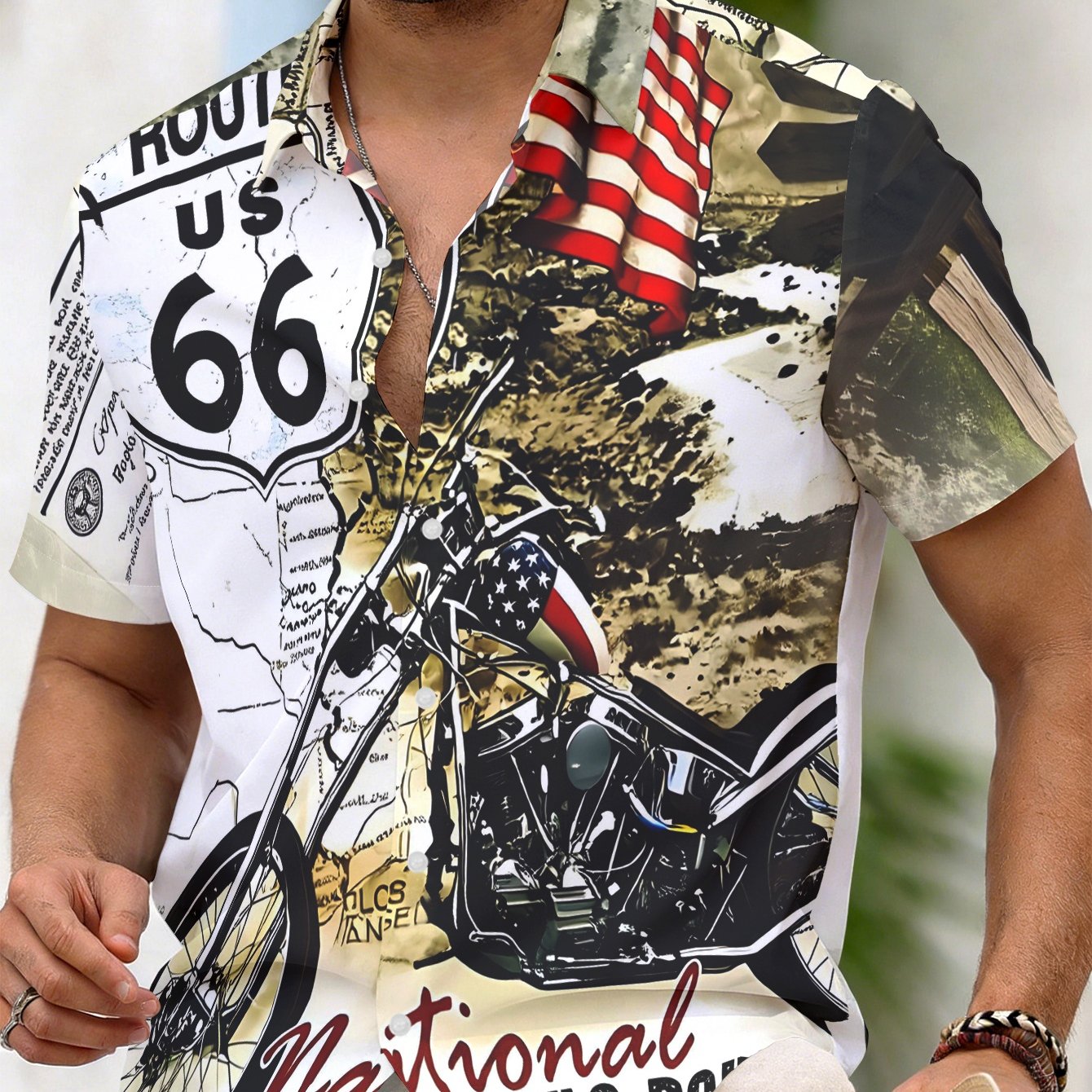 TEMU Men's Short Sleeve Shirt, American Retro Motorcycle Print, Individual Trendy , Breathable Comfortable Casual Top, Theme Shirt, Machine Washable,