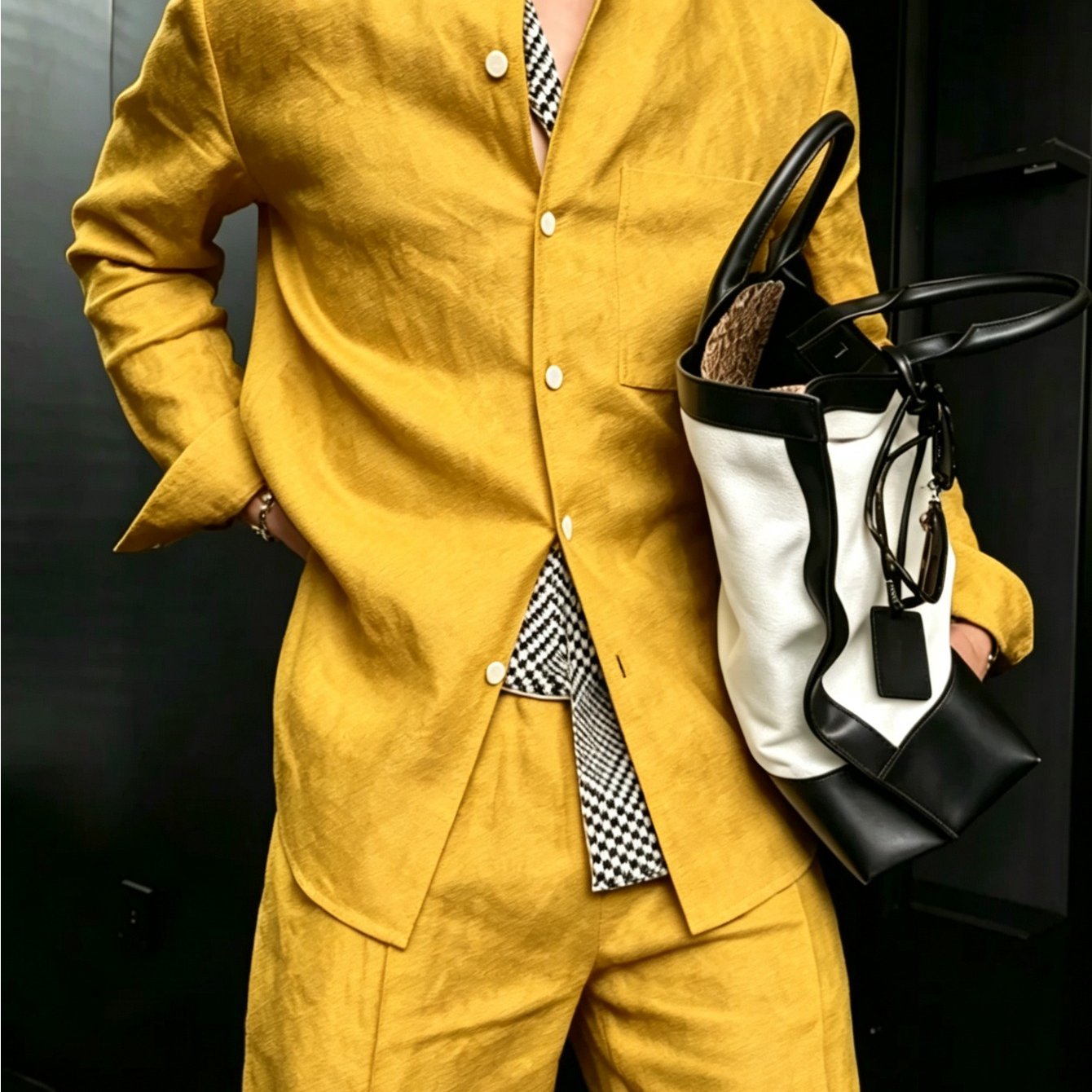 Men'-piece Set: Stand Collar Front Button Long-sleeve Shirt And High-waist Wide-leg Suit Trousers, Business Casual Combo