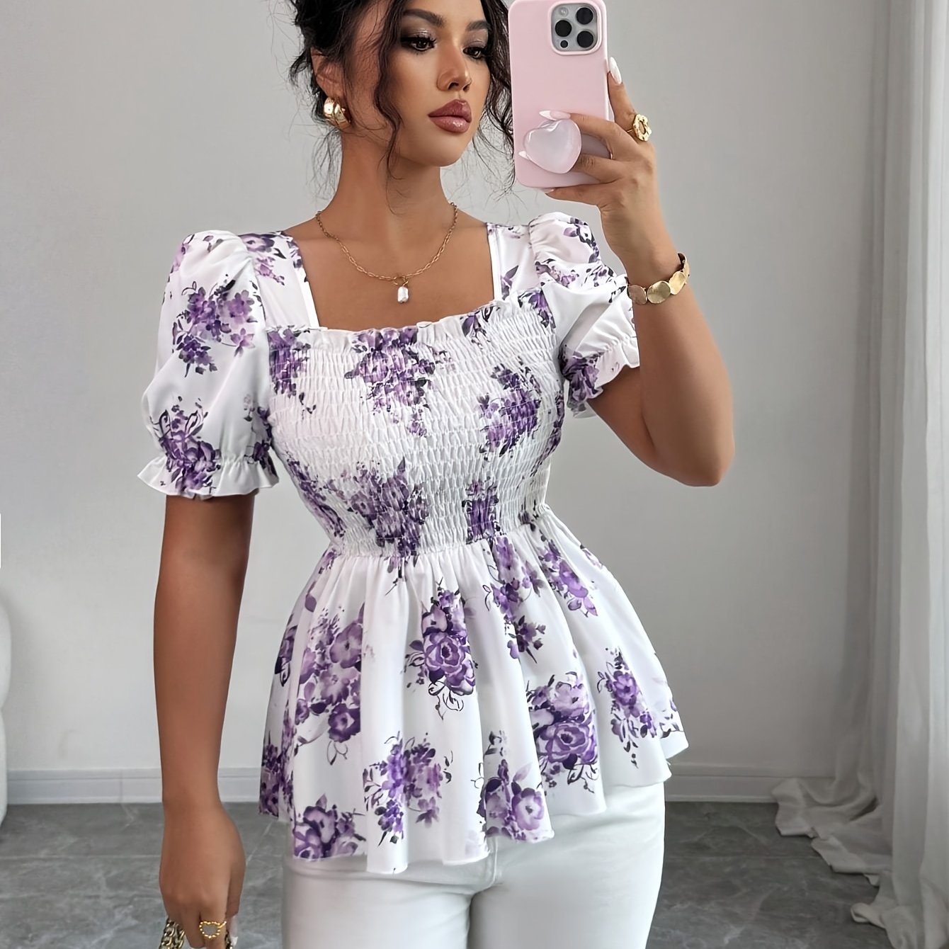 TEMU Women's Lavender Floral Print A-line Blouse - Short Sleeve Notch Collar Vintage Shirt, Spring Summer Elegant Top Suitable For , Office &