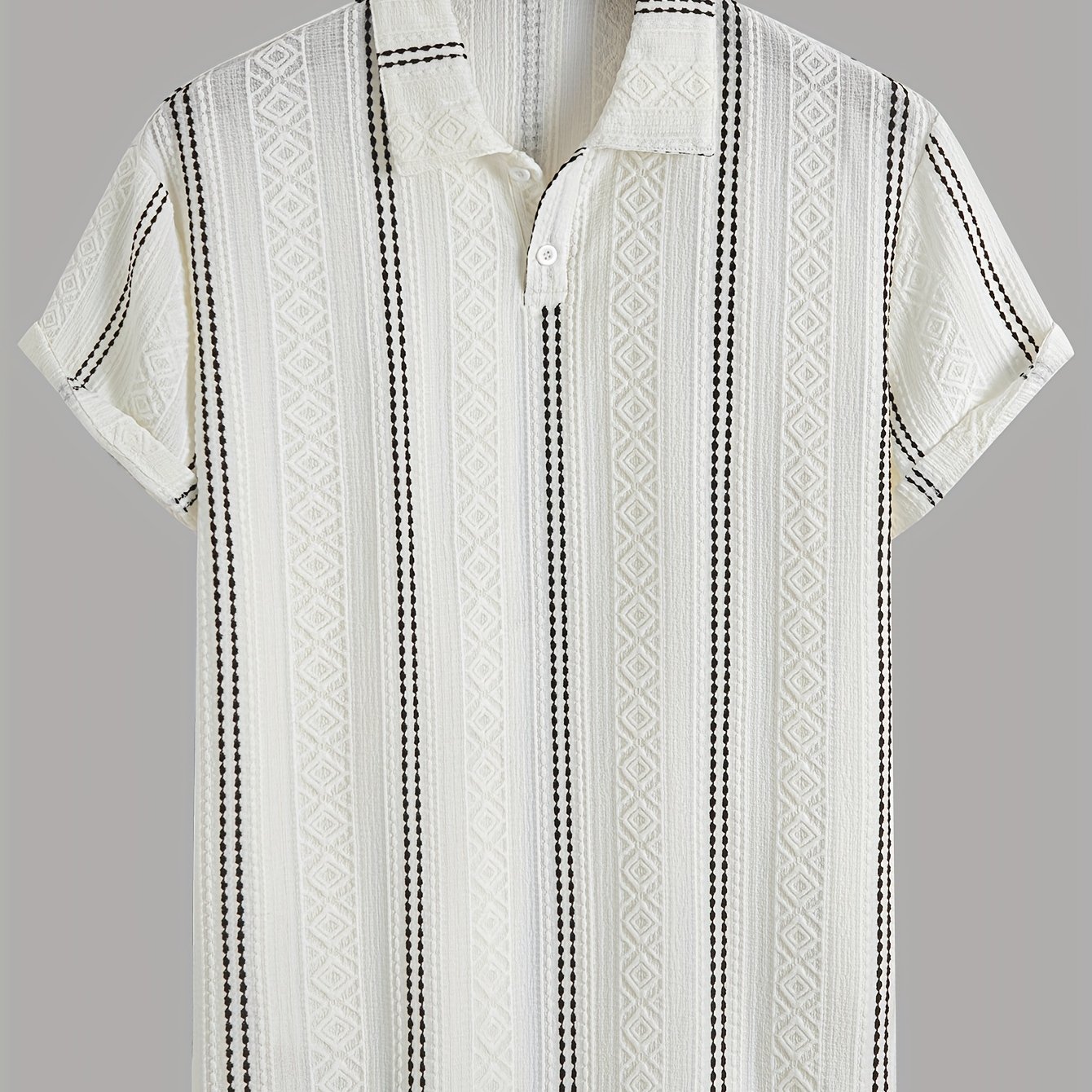 Men's Vertical Diamond Textured Shirt, Short Sleeve 2 Button Collar Casual Knit For Summer Beach Vacation Daily Street Resort Wear