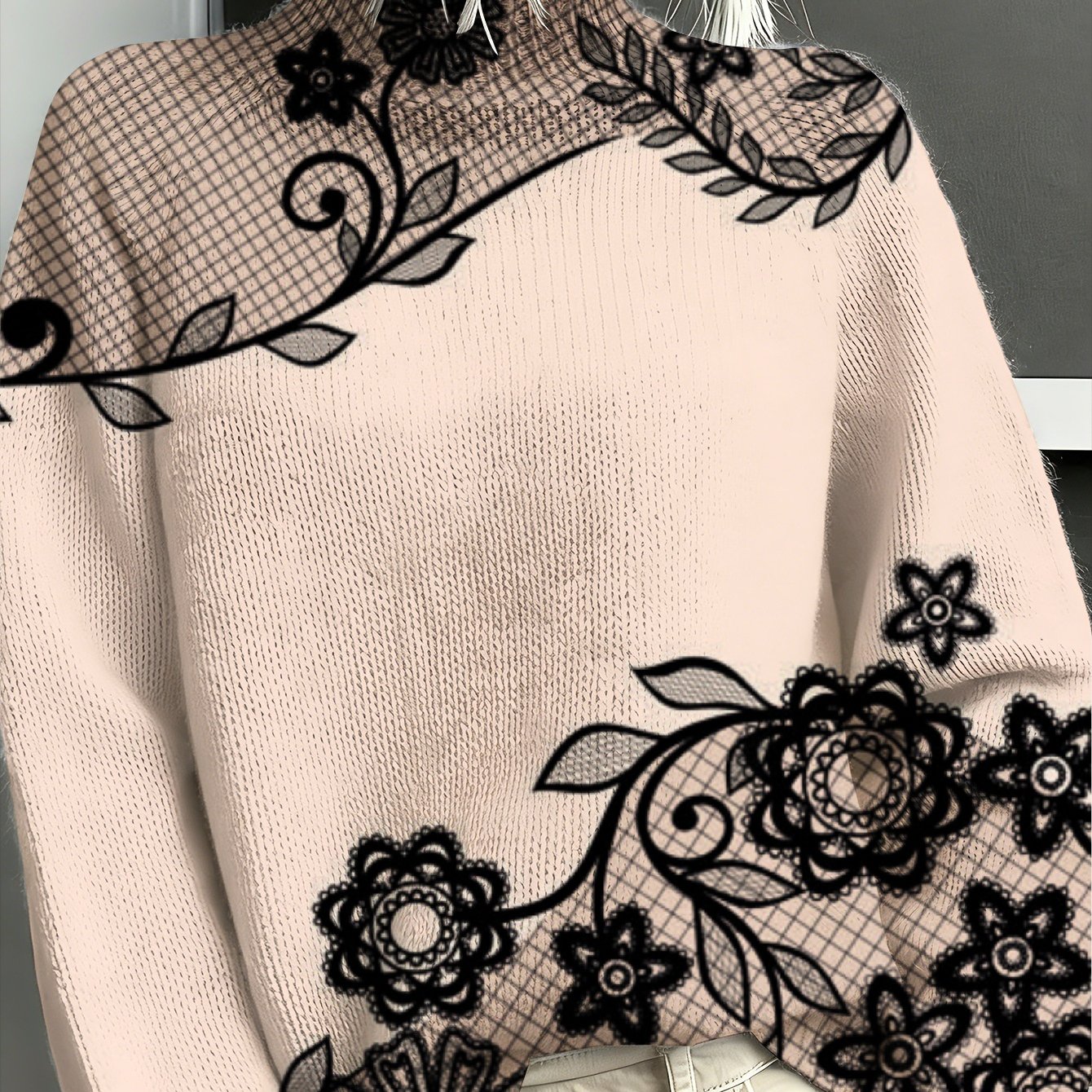 Plus Size, Plus Size Elegant Black Floral Faux Sweater - High Neck Pullover Blouse-compatible Top Suitable For Casual, Party, Travel | Machine Washable Versatile Sweater Gift For Outfits, 2d Flat