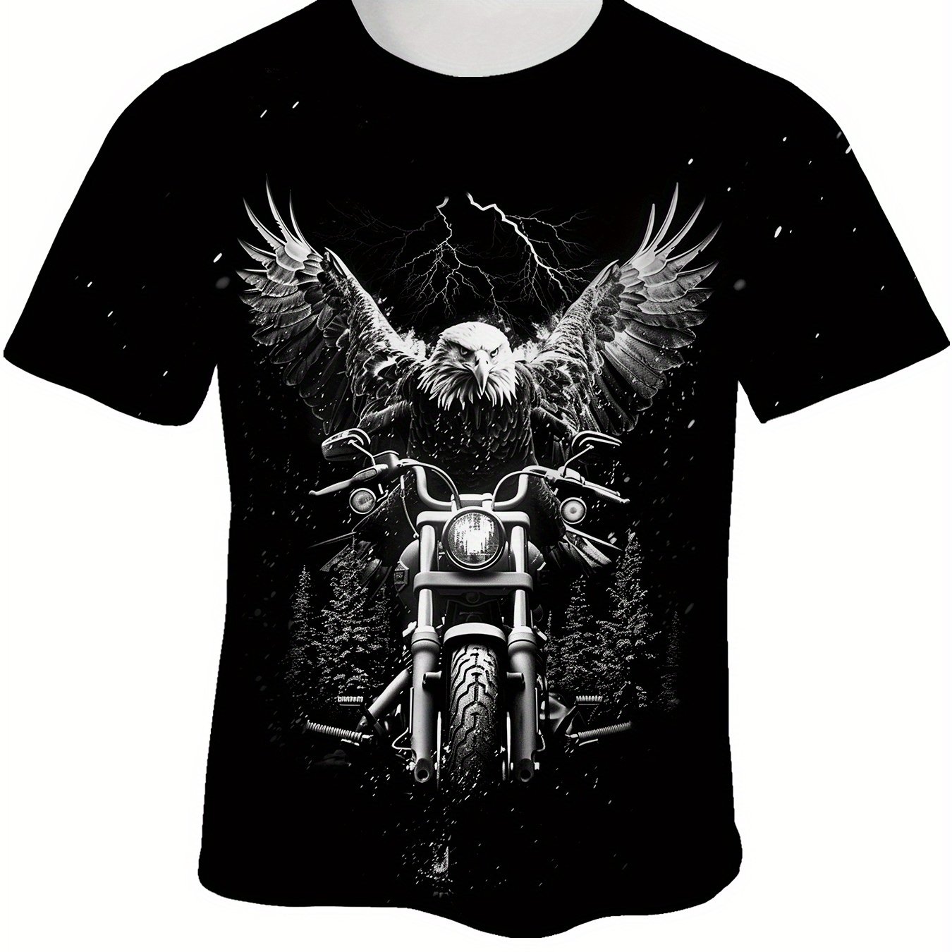 TEMU Men's Eagle & Motorcycle Graphic Tee - Casual Round Neck Short Sleeve T-shirt, Breathable Polyester, Machine Washable