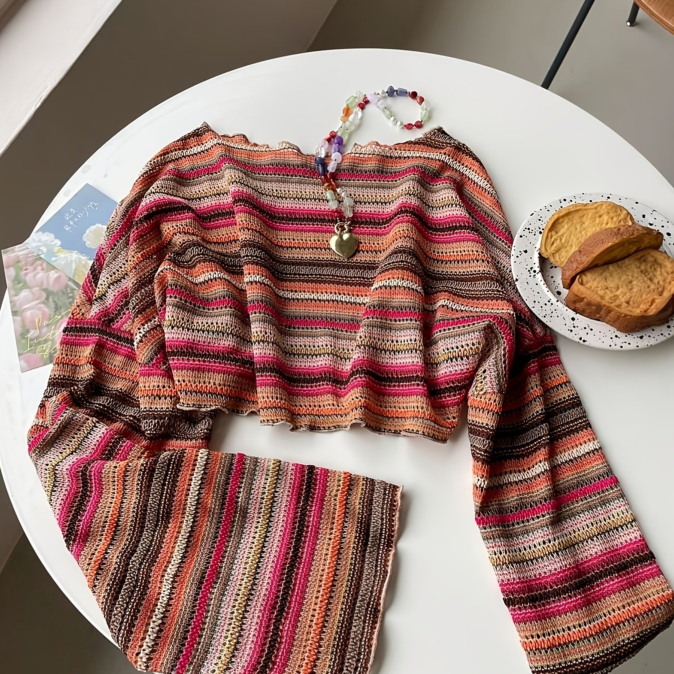 TEMU Spring/summer Colorful Striped Crop Top For Women, Short Cropped Belly-baring Shirt For Daily Commuting And Casual Wear, Hot Elegant Long-sleeve