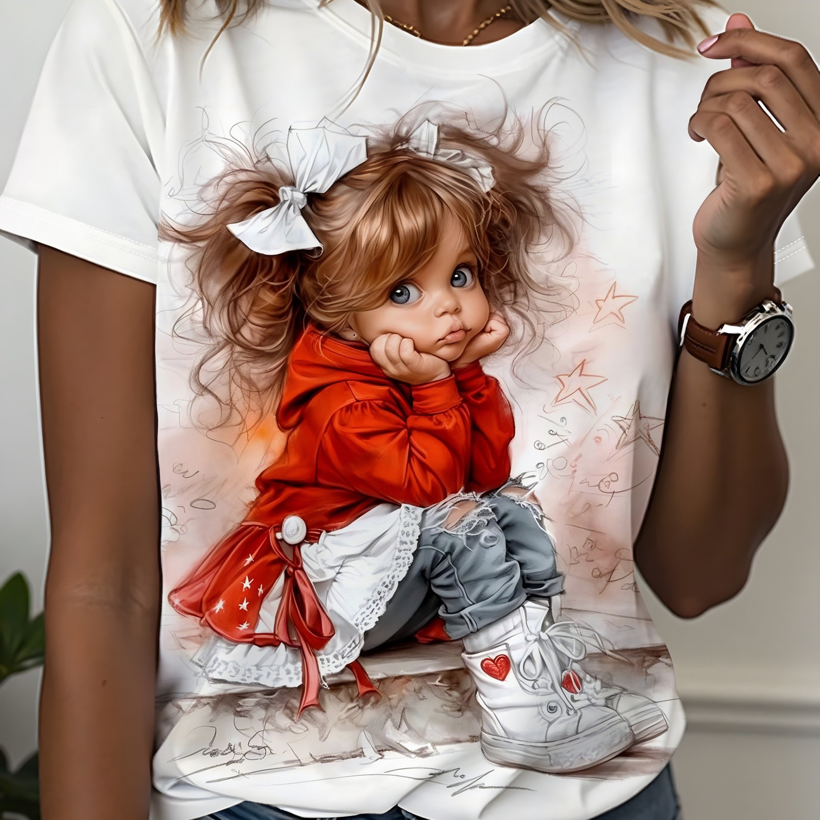 Image of Women And Men' Short Sleeve T-shirt, Cute Pouting Little Print, Wrcolor Style Cartoon Graphic Tee, Soft Breathable Casual Summer Top