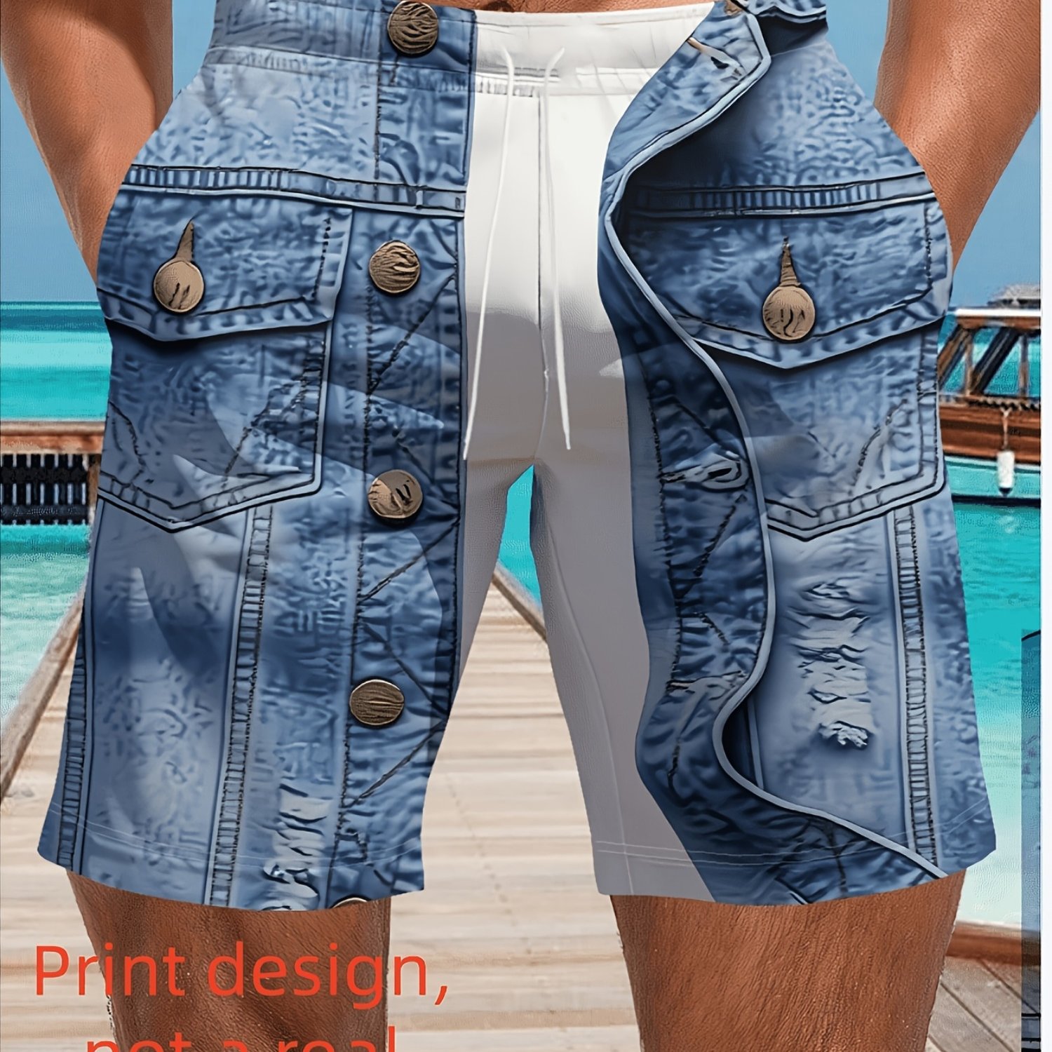 TEMU [Motif Imprimé, Texture Non Réelle] Short Décontracté Homme Coupe Standard, Motif Imprimé Denim Tendance, Tissu Confortable en Fibre de