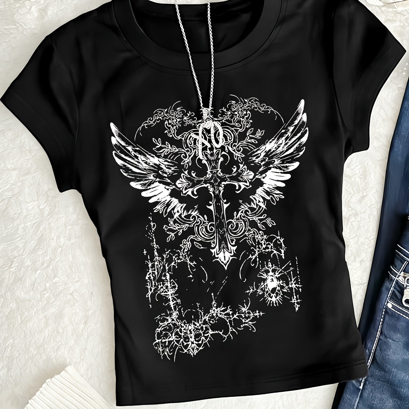 TEMU 00008- Spring/summer New Short-sleeved Tight T-shirt, "dark Cross Wings" Print, Pure And Desirable Korean Style Versatile T-shirt, Sexy Hot Y2k