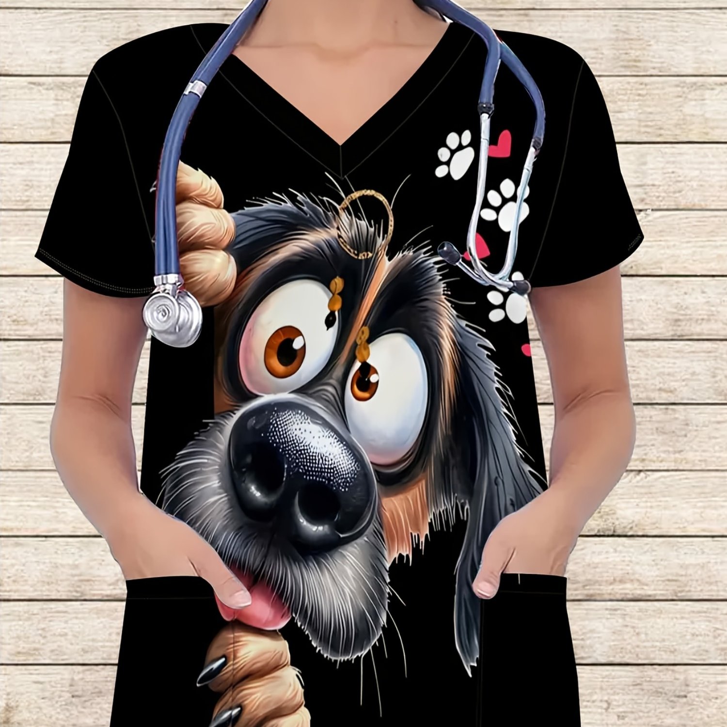 TEMU Women's Plus Size Dog Print V-neck Short Sleeve Uniform, Adorable Nurse Work T-shirt