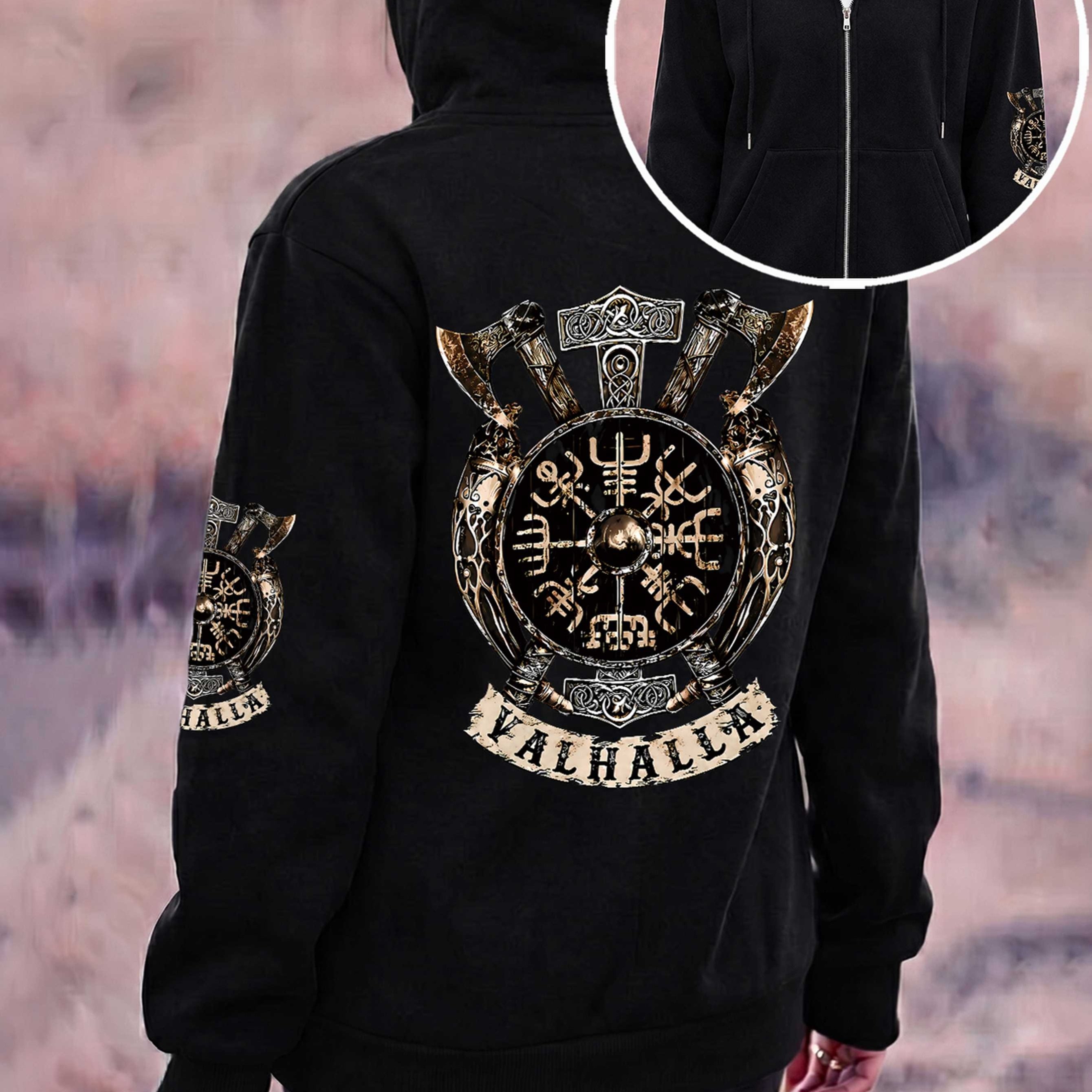 TEMU 2026 Women's Casual Fashion New Zipper Hoodie Coat Y2k Gothic Cape Coat With Hood Retro Tribal Viking Totem Print Letter Axe Print Pattern Witch