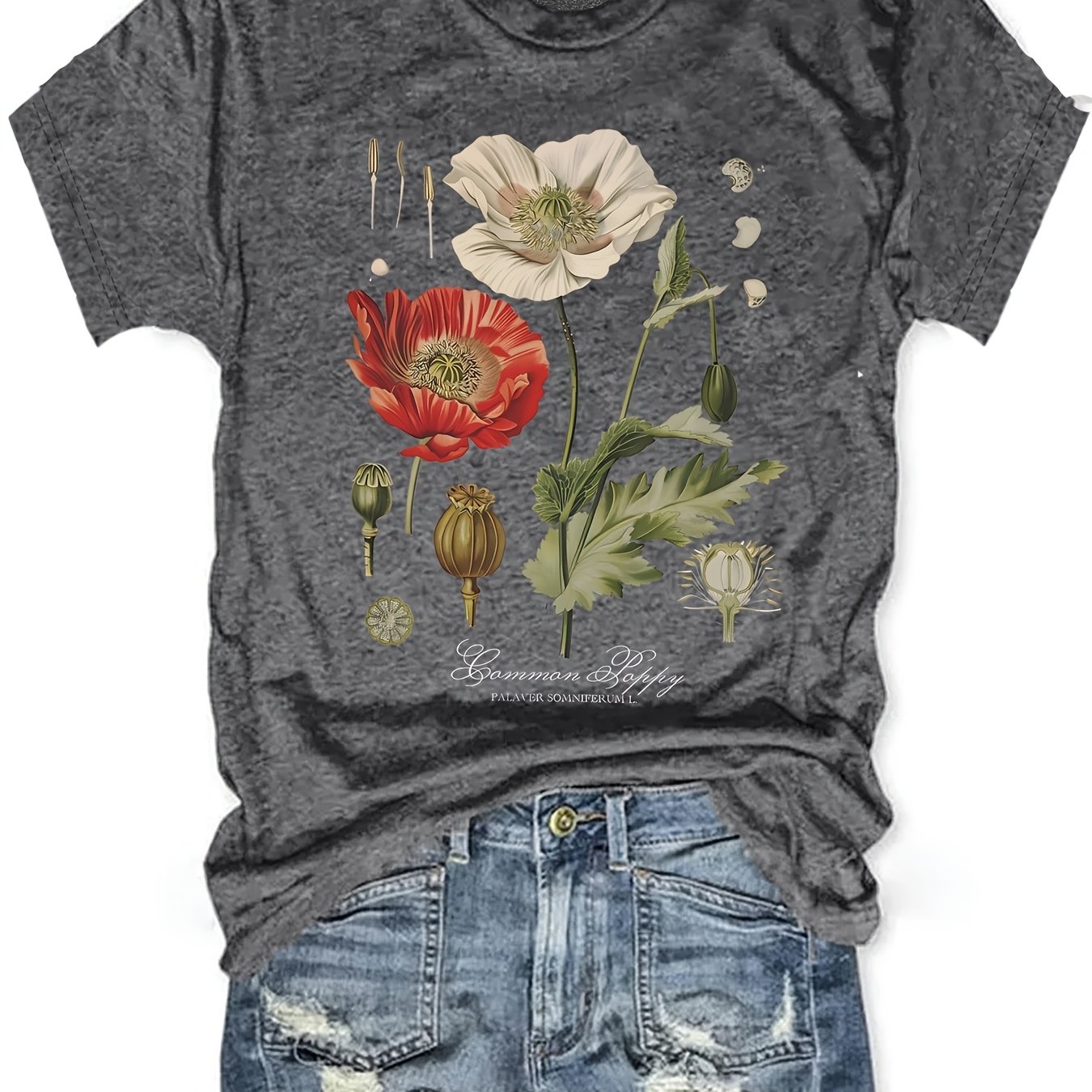 Image of Floral Print T-shirt, Casual Short Sleeve Crew Neck Top For , Women's Clothing