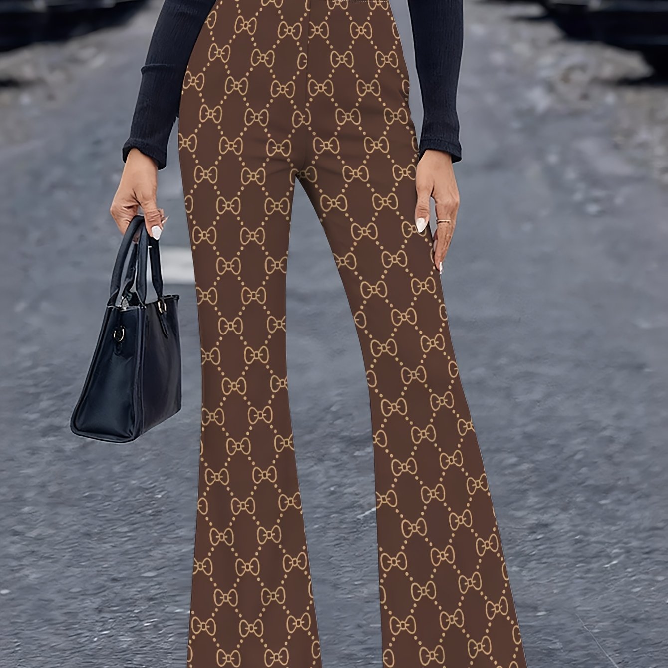 TEMU Women's Printed Flared Pants, High-waisted Wide-leg Stretch Casual Trousers, Made Of Lightweight Stretch Fabric, Suitable For Casual Wear,