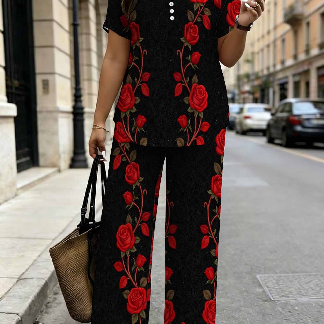 Image of Plus Size - Plus Size - Plus Size Women's Fashion 2 Piece Set. Elegant Red Rose Floral Print Pattern Background. Romantic Vintage Style Outfit. Suitable For Spring Summer Autumn