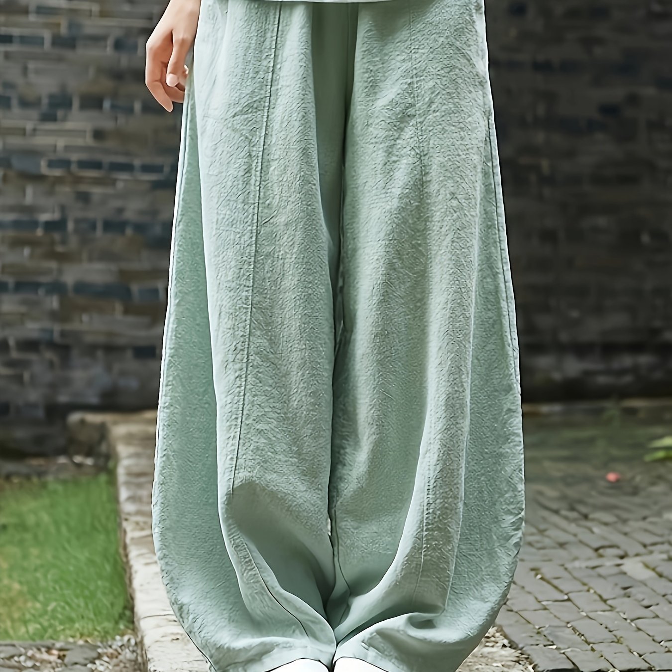 Women's Elegant Loose-fit Harem Pants - Elastic Waist With Drawstring, Smocked Detailing, Lightweight Semi-sheer Fabric, Machine Washable, Casual Trousers For Women