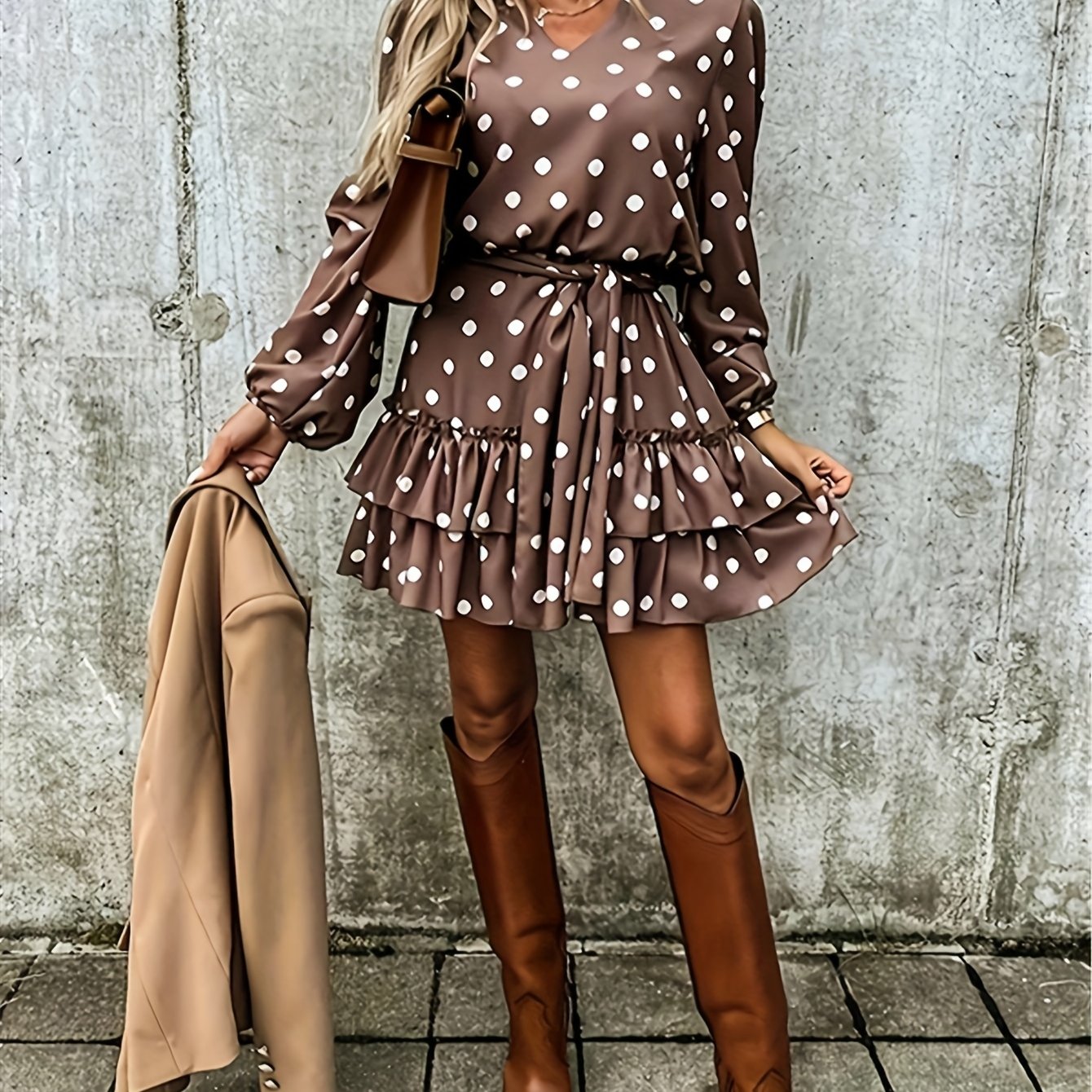 TEMU Women's Autumn Casual Polka Dot Print Tie-detail Dress