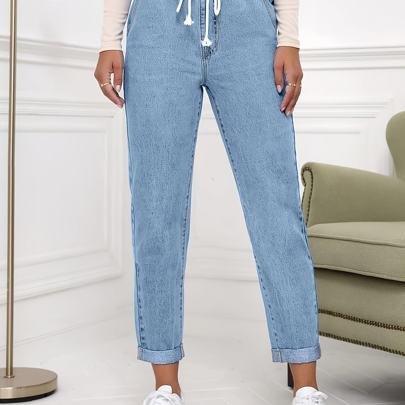Image of Fashionable And Casual Elastic Waistband Jeans With Drawstring, Street Style Women's Pants, Rolled-up Hem