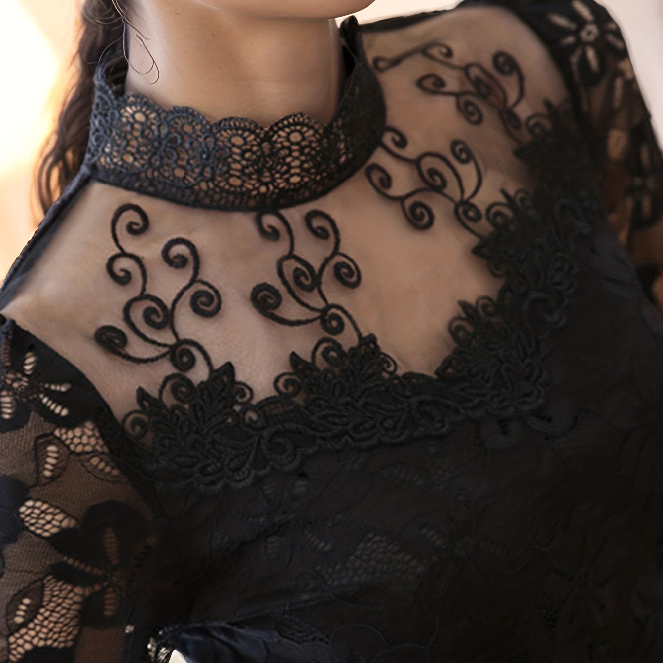 Image of Women's Mesh Lace Stand Collar Long Sleeve T-shirt, New Autumn/winter Elegant Fashion Versatile Top