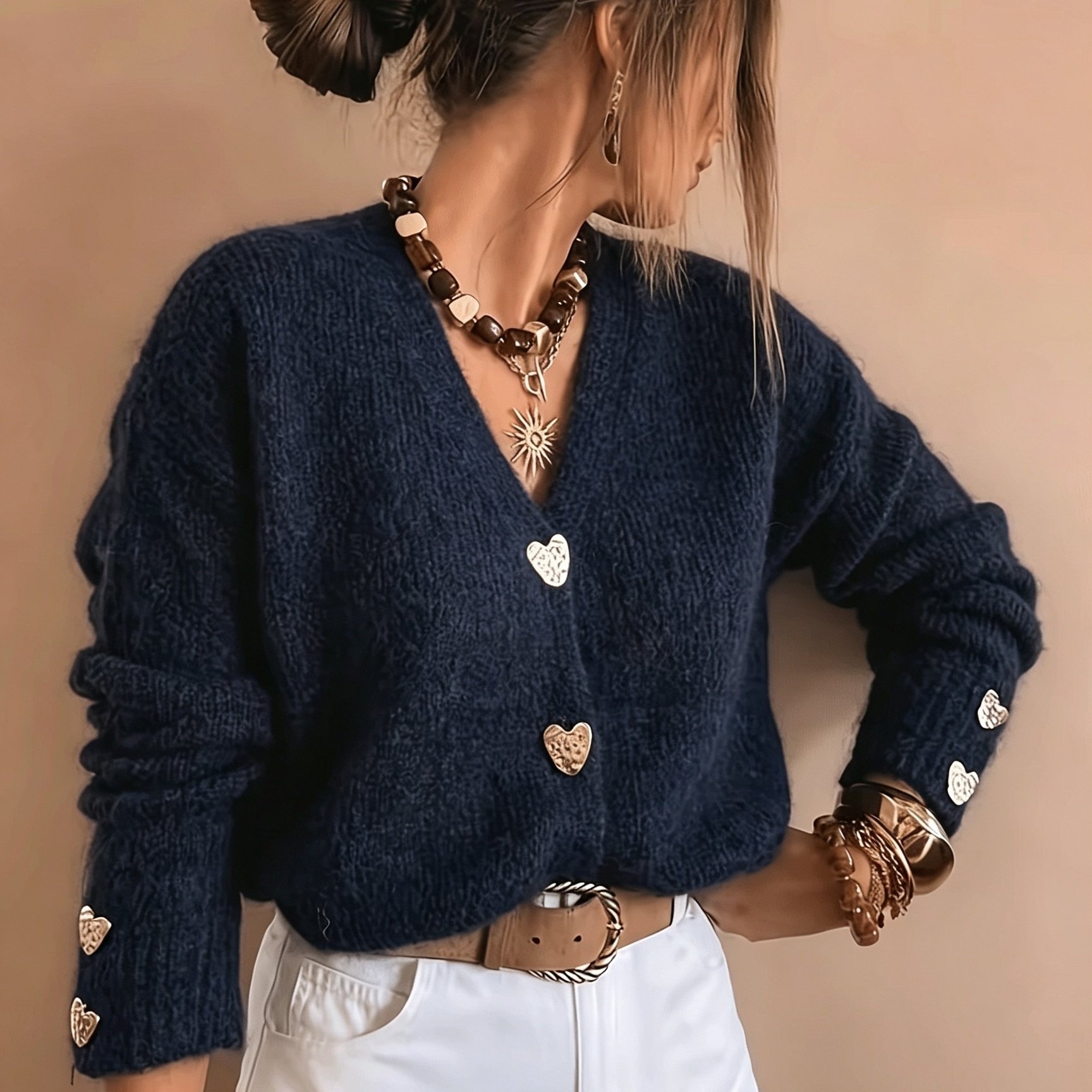 TEMU Cardigan d'automne avec boutons de cœur, pull pour femme, haut haut de gamme et élégant