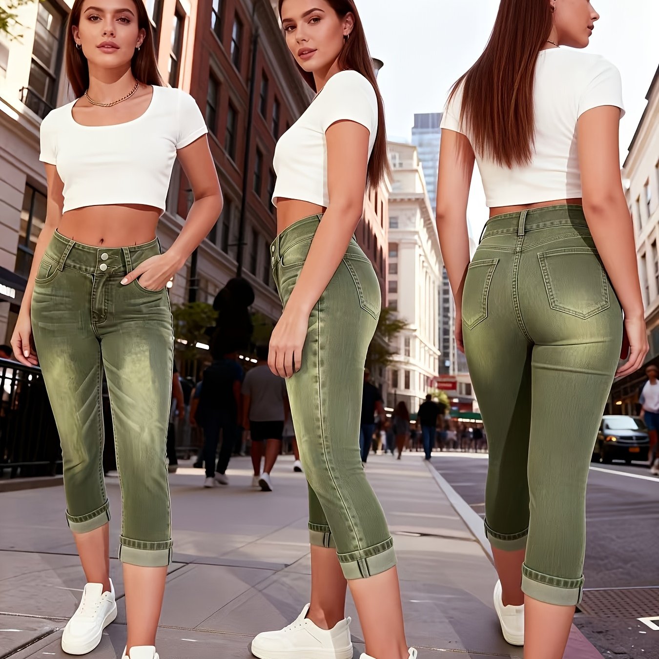 2026 Spring/summer New Women's Stretchy Three-quarter Skinny Jeans With Double Buttons And Elastic Washed Denim