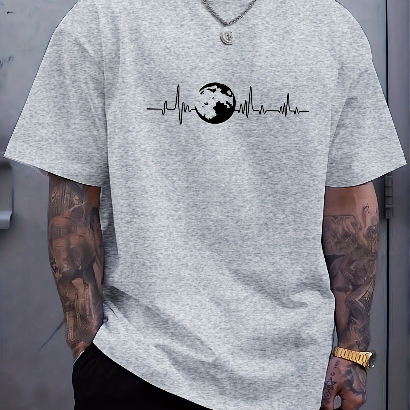 TEMU Plus Size Summer Short-sleeve Graphic Print T-shirt, Versatile Men's Inner Layer Base Shirt