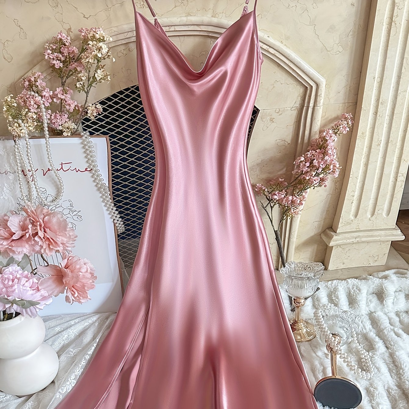 E-shop Mode Turnhemd Träger Rückenfreies Langes Schlitz Modisches Elegantes Träger Nachthemd Damen