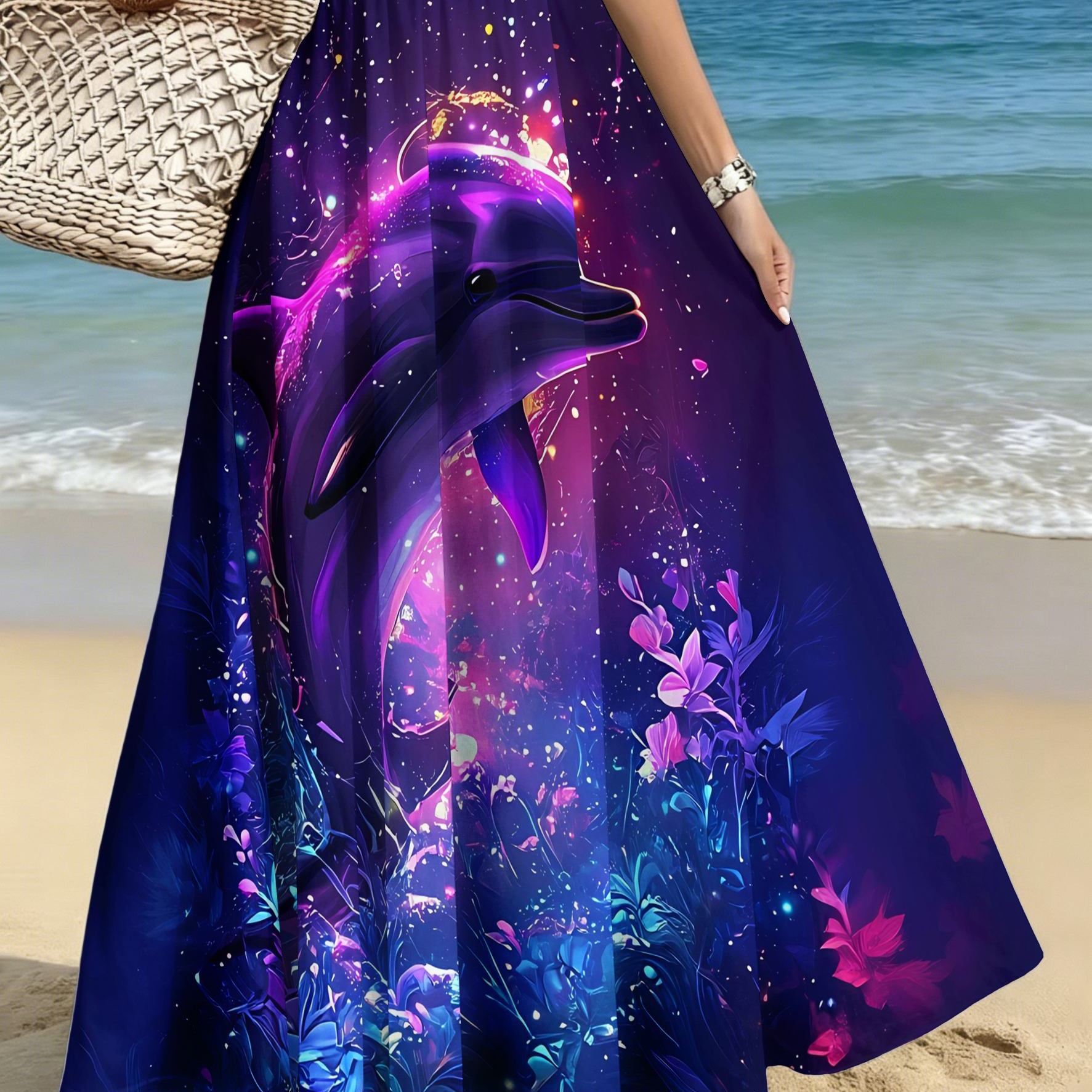 TEMU Plus Size Women's Elegant Fashion Skirt, Casual Printed Midi Dress, Purple Dolphin Leaping Stars And Sea Print, /casual/date/party/beach Women's