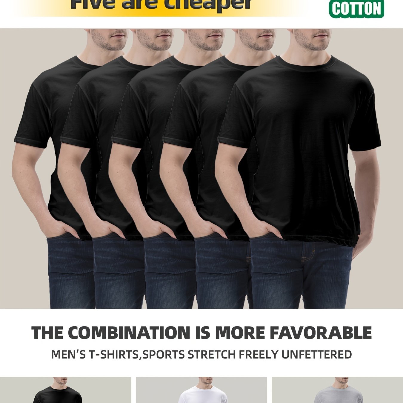 5pcs Premium Cotton Men&#39;s T-Shirts - Comfort Fit, Crew Neck, Short Sleeve Casual Tees for All Seasons, PLUS SIZE