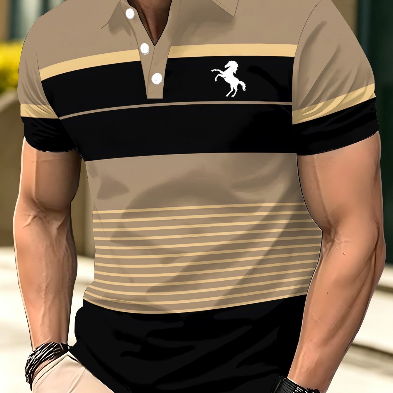 TEMU Men's Beige & Black Striped Short Sleeve Shirt - Lightweight Breathable Summer Shirt With Full-body Stripes, Suitable For Casual Outdoor Beach