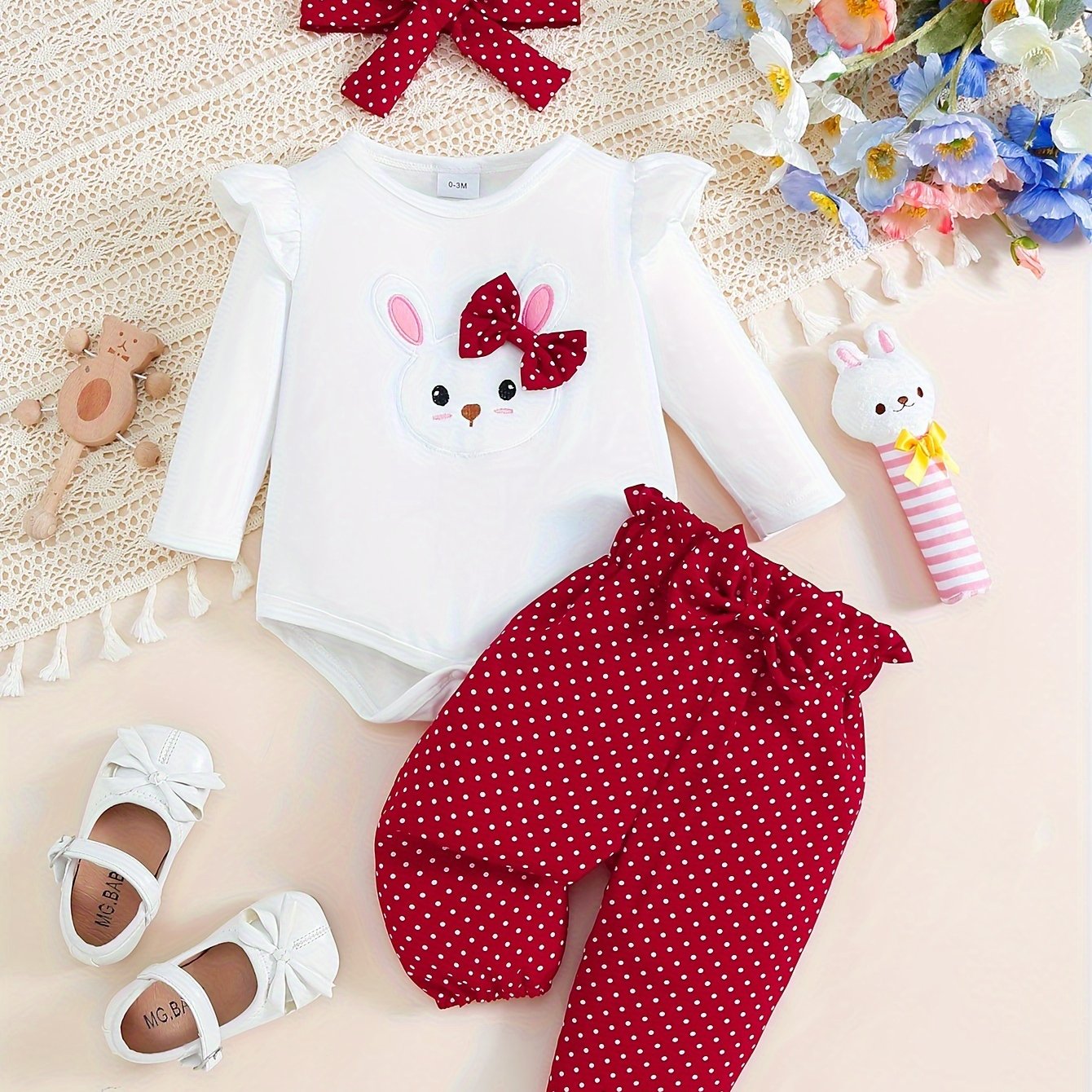 Image of Stylish Baby Girl's Cute Rabbit Long Sleeve Top With Puff Sleeves + Full Print Polka Dot Comfortable Bow Pants Set + Headband Three-piece Outfit, For Outdoor