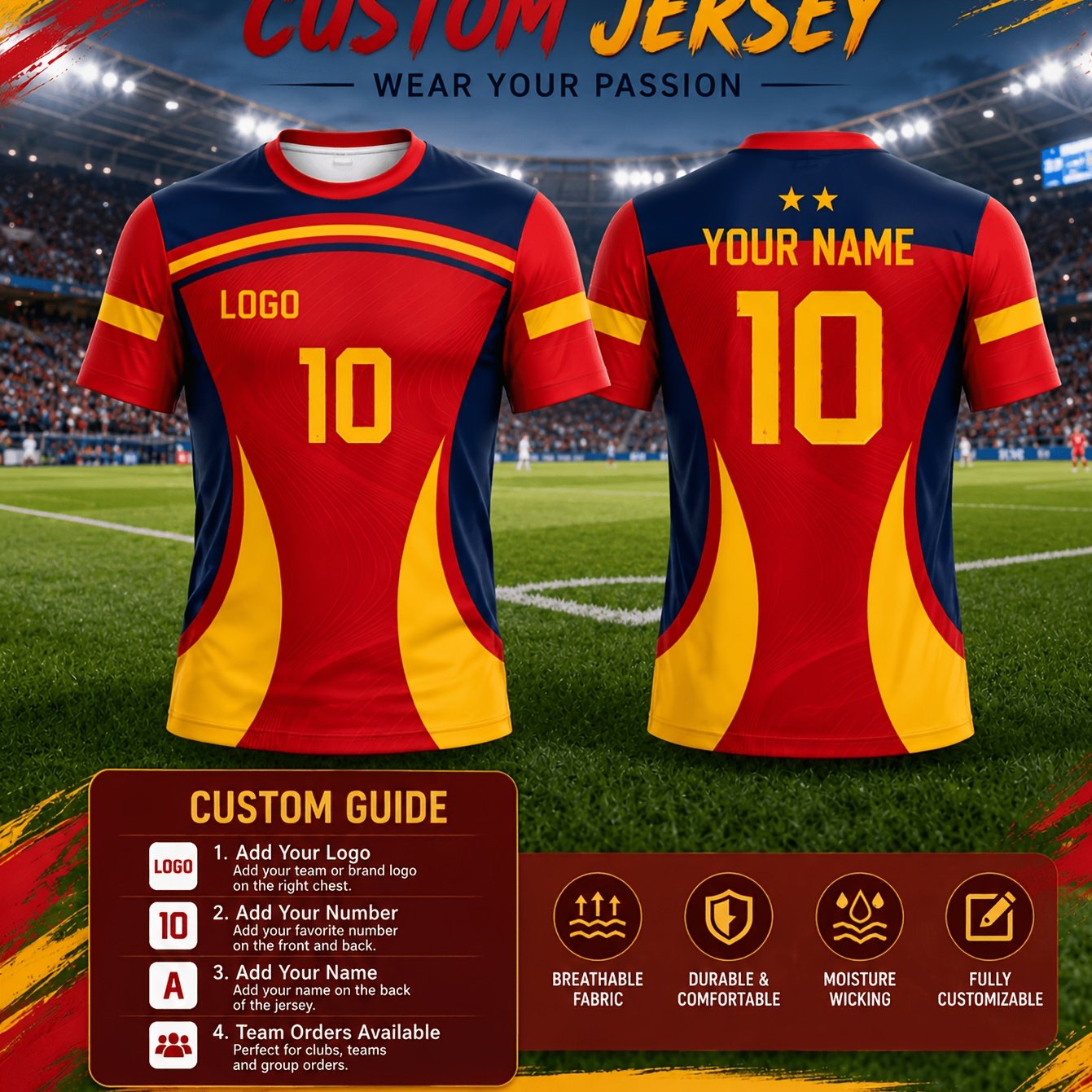 TEMU Spain , Red With Golden And Three-color Arc-shaped Contrast Splicing, Short Sleeve, Customizable With Team Logo, Name, And Number,