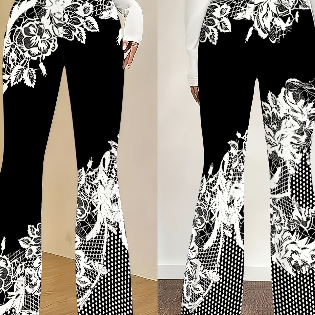 TEMU New - Women's Bohemian Print Flared Trousers, Slim Fit, Clear Spliced Print Pattern, Medium Elasticity, Wrapping Durable Fabric, Breathable And