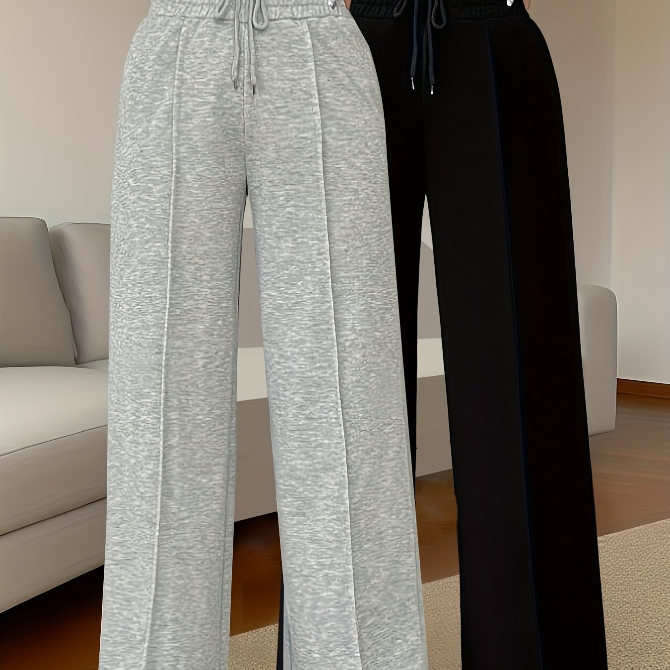 TEMU 2pcs High-waisted Wide-leg Pants - Wide-leg Trousers With Full-length Pants, Solid Color Casual Winter Pants, Machine Washable & Dry ,