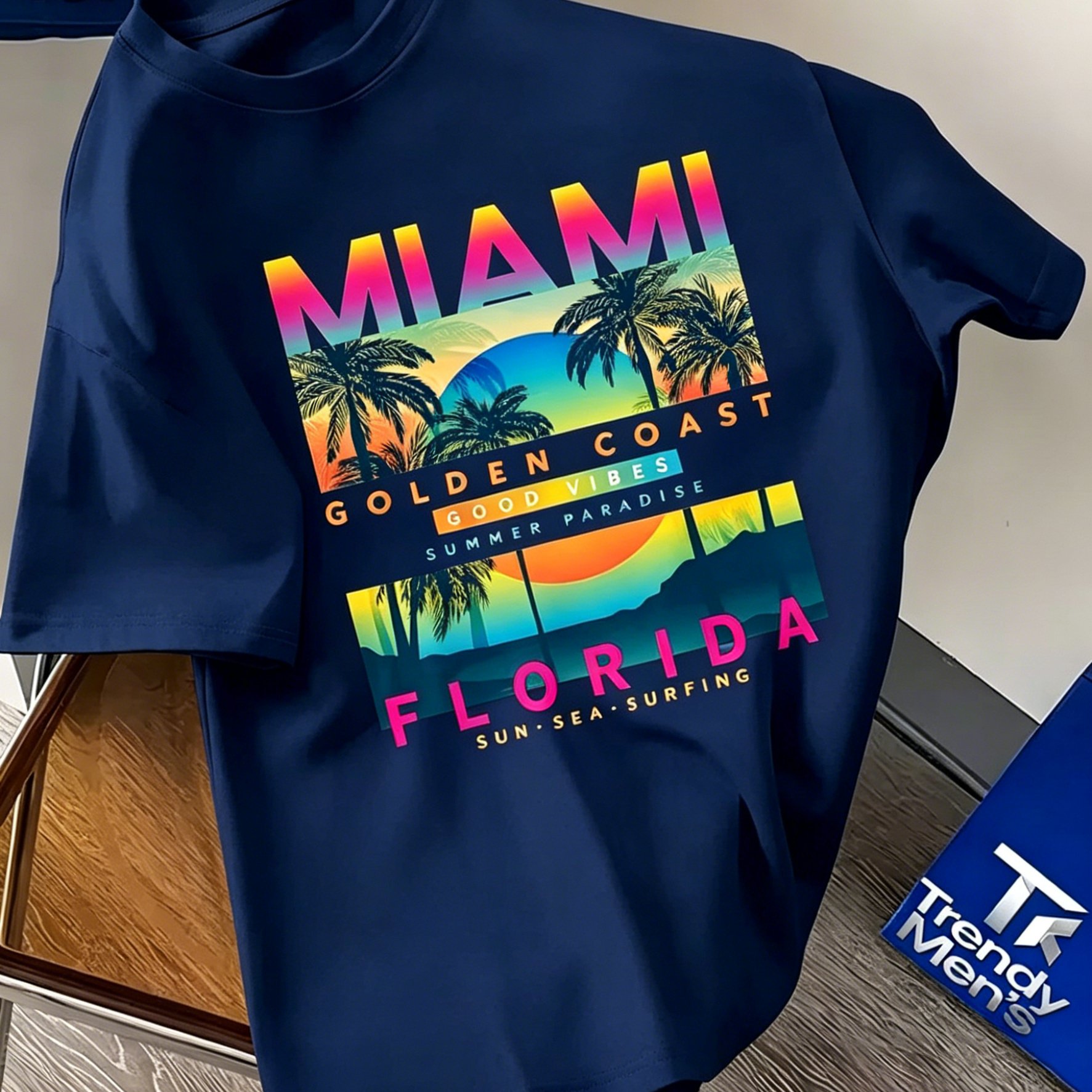 TEMU Street Style Men's Short-sleeve T-shirt - Miami Florida Coconut Tree Gradient Print, Men's Casual Tee With Printed Graphic - Casual Crew Neck,