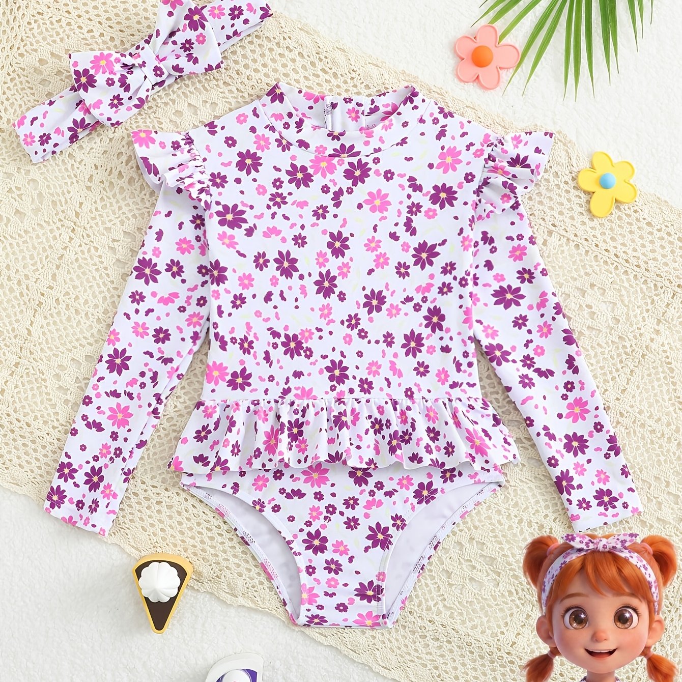 Image of Suitable For Parties, Summer Beach, Sweet Elegant Style, Small Floral Long Sleeve, Girls' -piece Swimsuit With Headband Swimming Pool