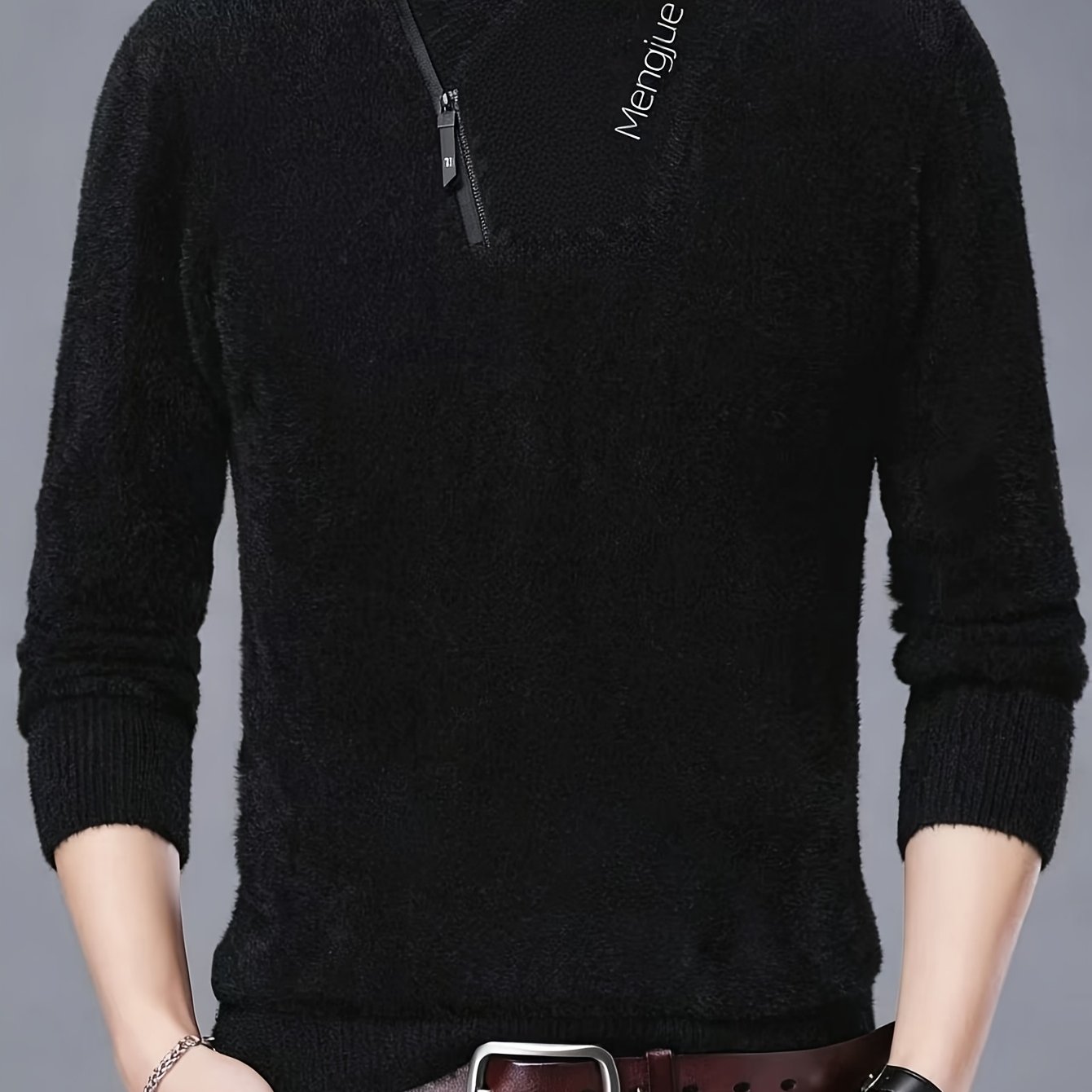 TEMU Star Dense Autumn-winter Men's Long Sleeve Diagonal Zipper Solid Color Letter Embroidery -lined Thick Knit Sweater, All Season, Letter Print,