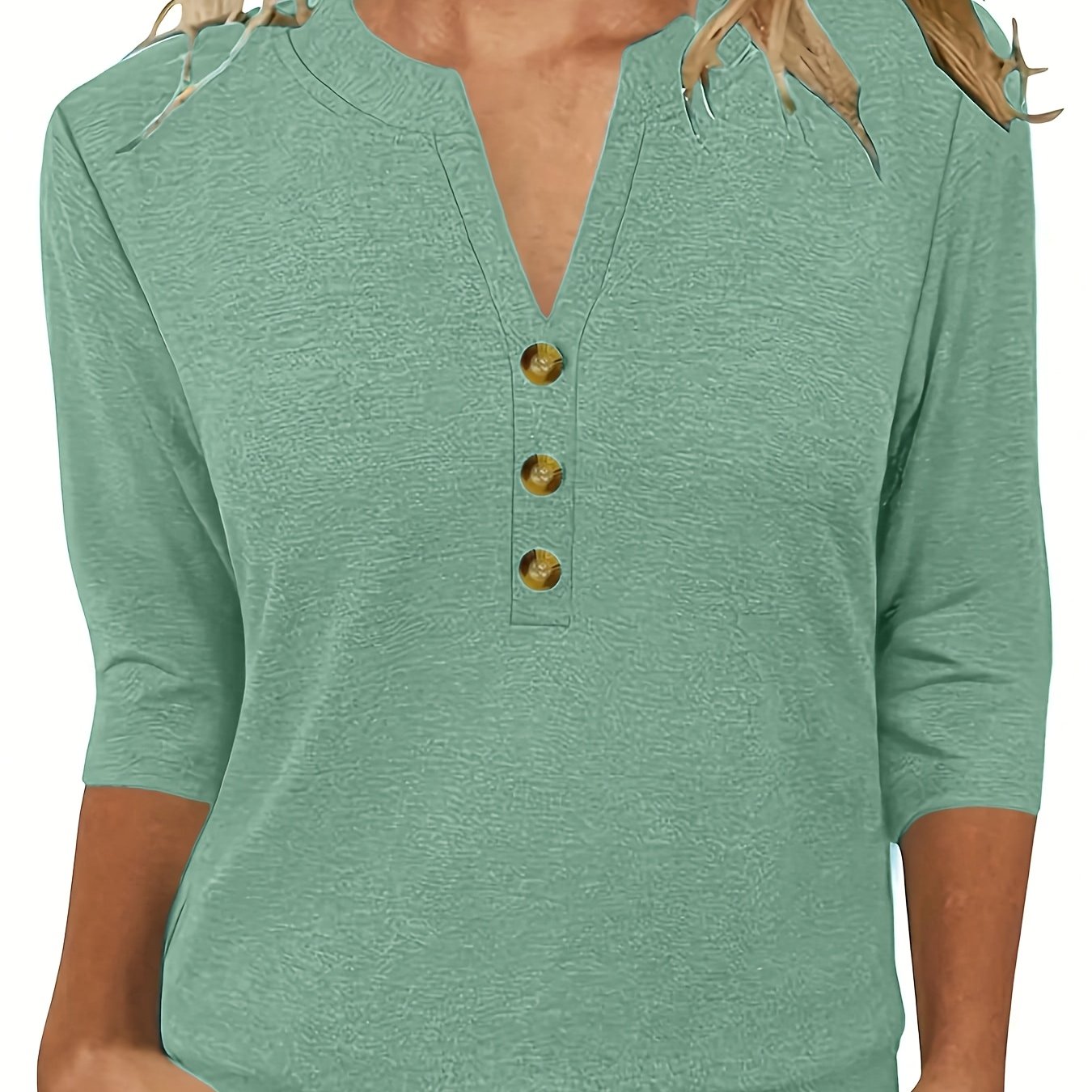 TEMU Round Neck Directional - Women's Fashion Spring Summer New Women's Clothing, V-neck 3/4 Sleeve Casual Loose Top Base T-shirt, Button Design,