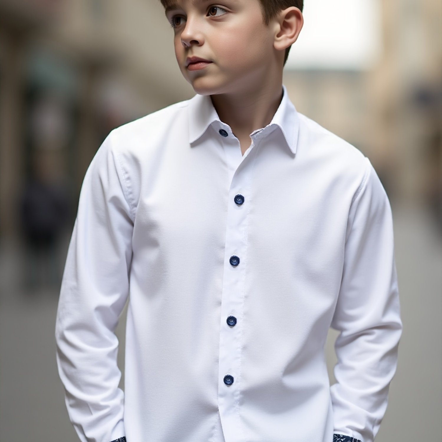 Image of Boys' Spring Autumn New Style Shirt, Kids' Clothing, Creative Collar Cuffs Color Matching Printing Long Sleeve Shirt, Formal Cardigan White Shirt, Casual Party Gentleman Dress, Boy Day Gift