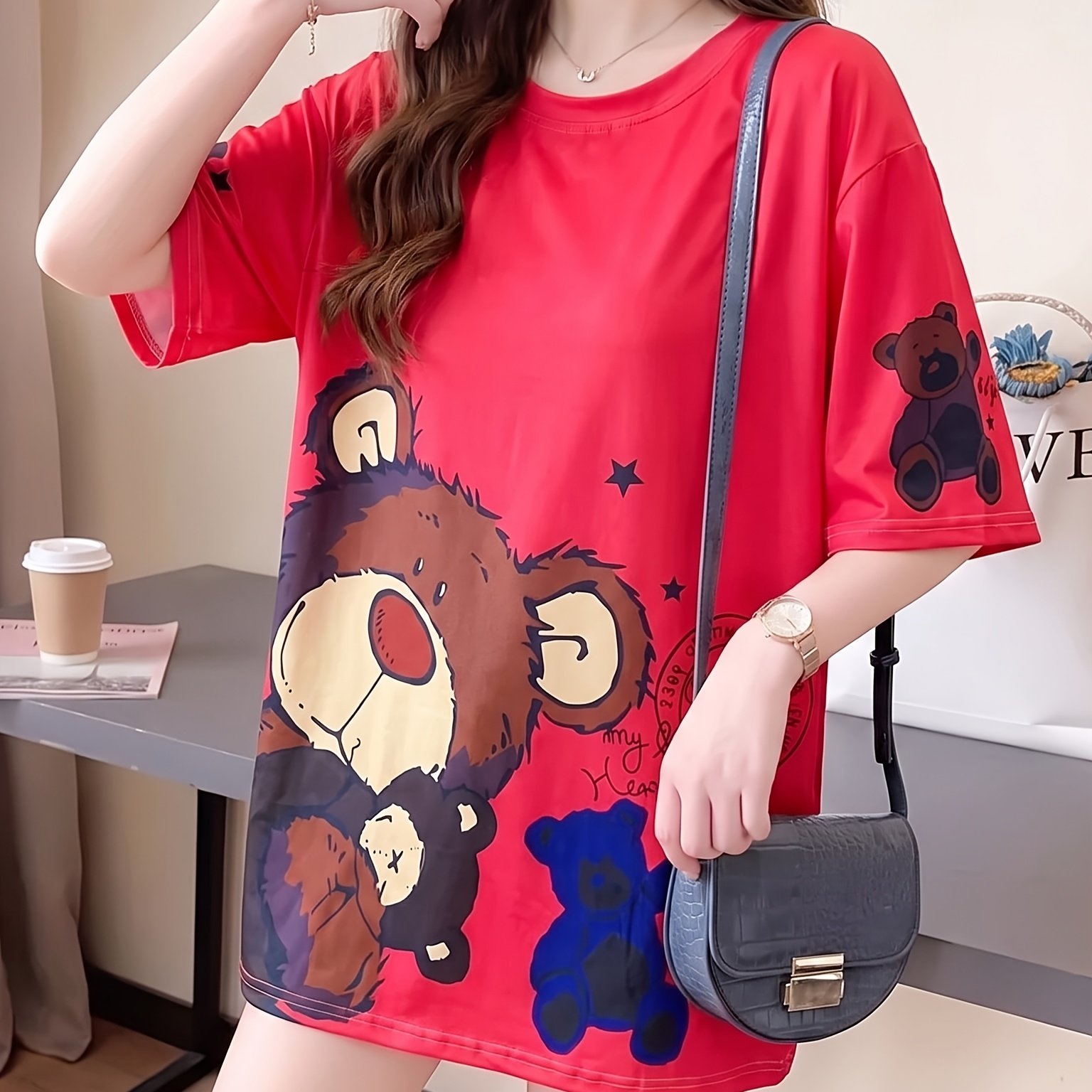 Summer New Large Size Loose Fashion Trend Slim Cartoon Round Neck Print Ladies Women's Medium And Long Short-sleeved T-shirt Clothes