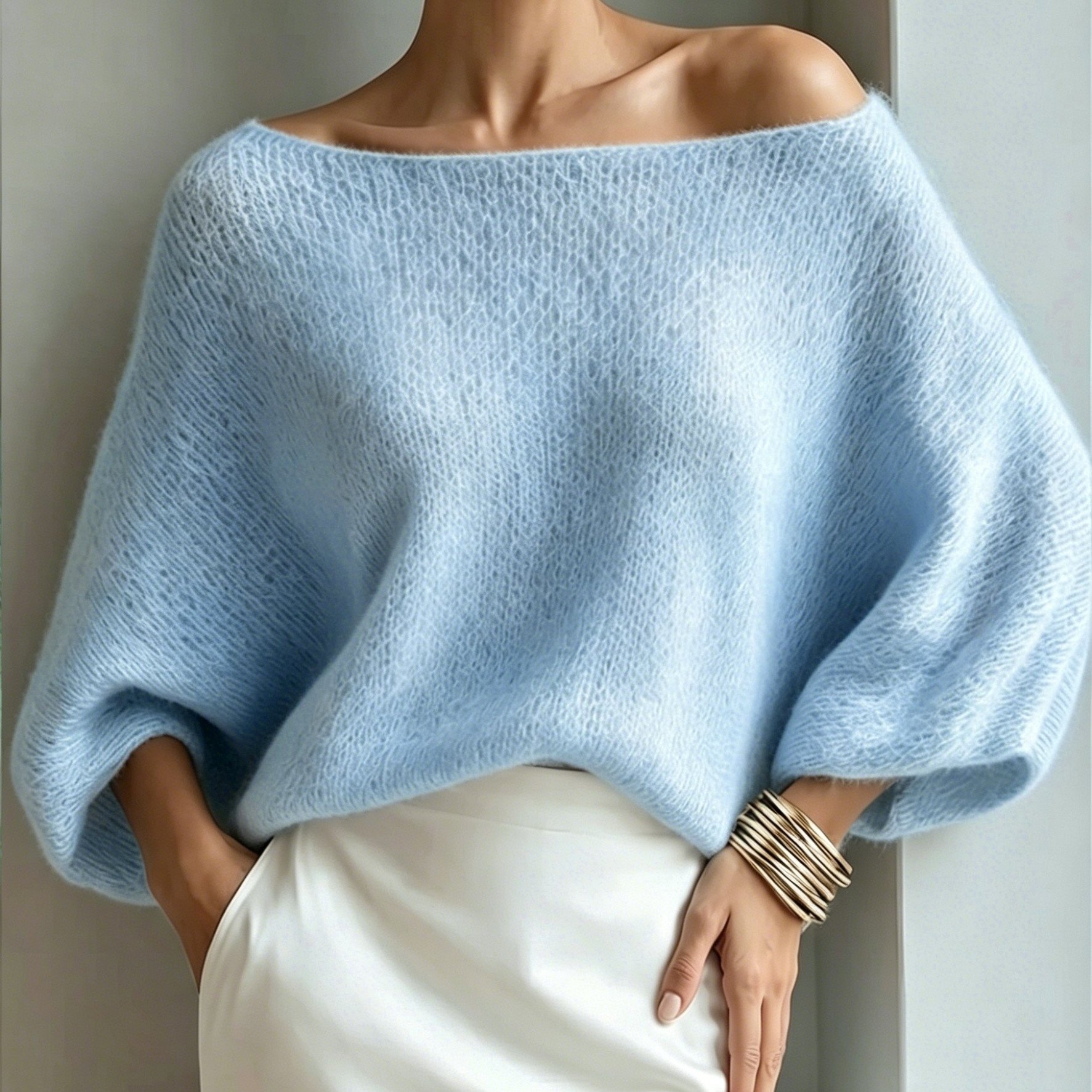 TEMU Pink Off The Shoulder Lantern Sleeve Top Loose Solid Color Sweater